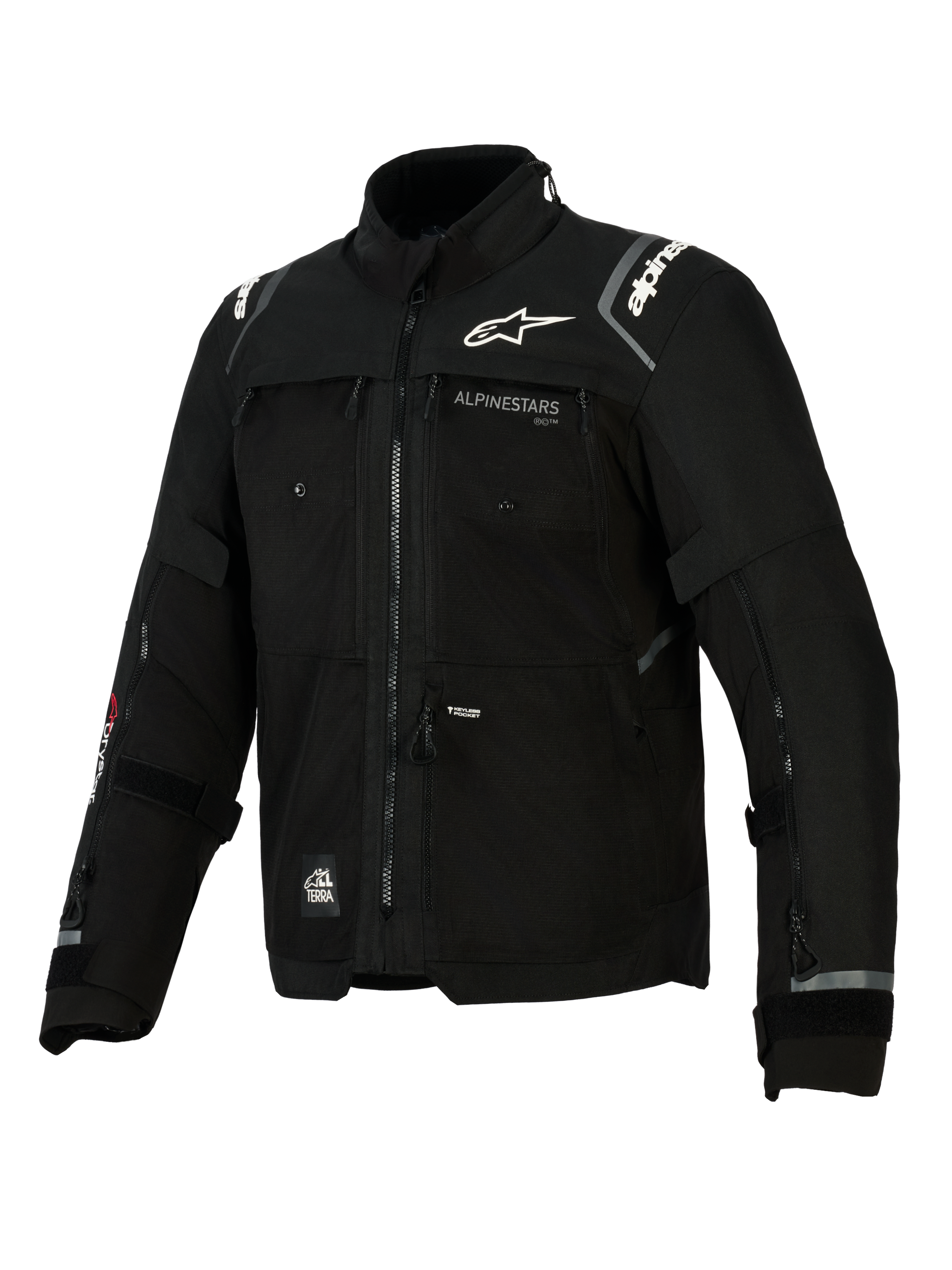 Alpinestars Cusco Drystar® Jacke, schwarze Motorradjacke für Adventure-Touring, technische Textilkonstruktion mit mehreren Belüftungsreißverschlüssen, weißes Alpinestars-Logo auf Brust und Schultern, All-Terra-Branding und reflektierende Details