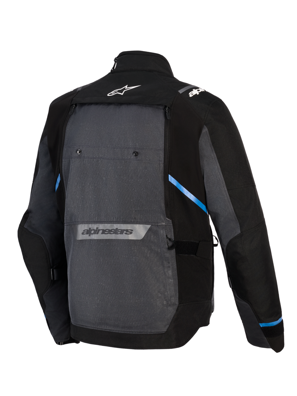Alpinestars Cusco Drystar® Jacke, Adventure-Touring-Motorradjacke, Schwarz und Dunkelgrau, Rückansicht mit großem grauen Rückenteil, blauen Akzenten, Alpinestars-Logos auf dem oberen und unteren Rücken und strapazierfähiger Ripstop-Textilkonstruktion