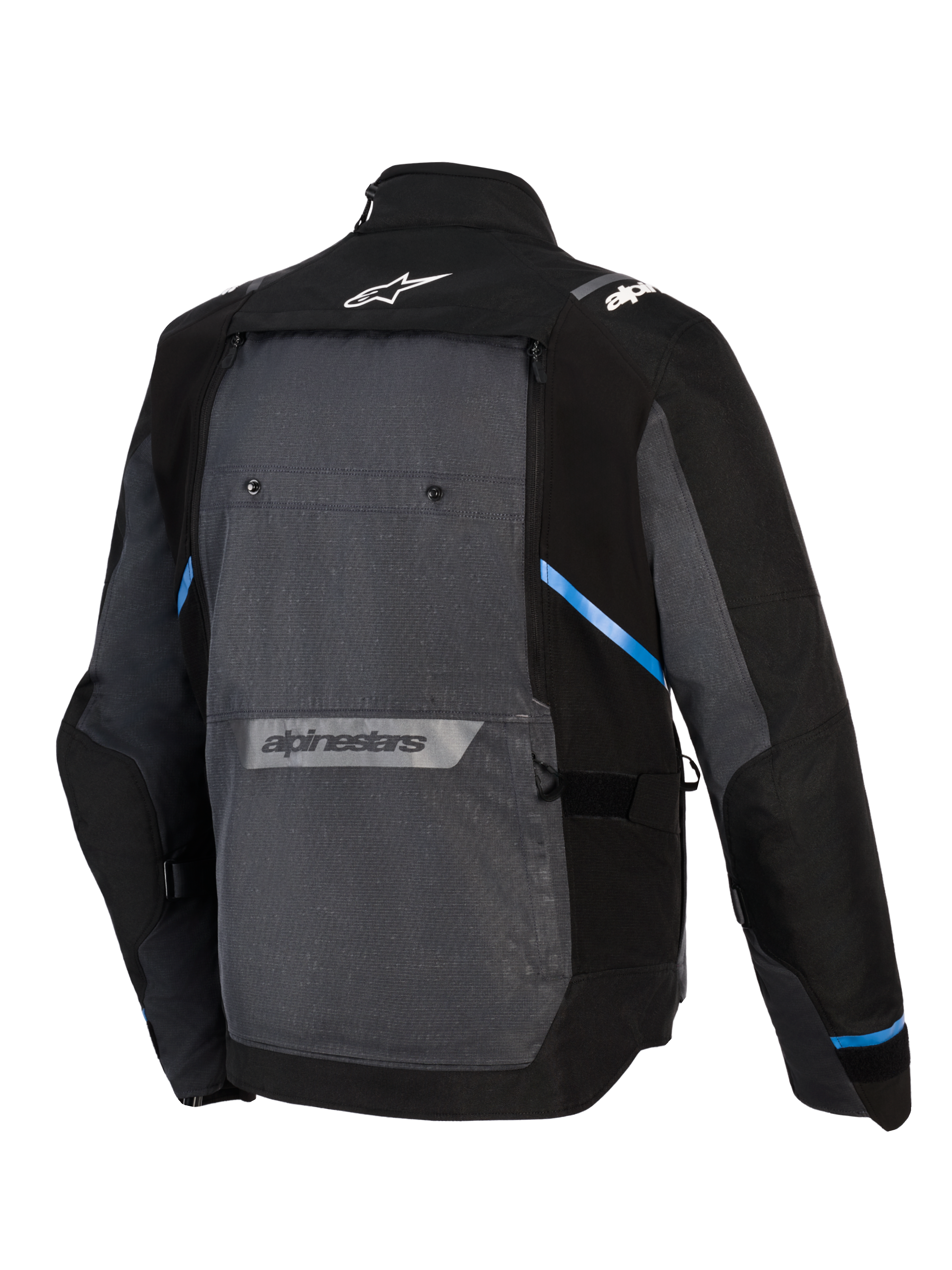 Alpinestars Cusco Drystar® Jacke, Adventure-Touring-Motorradjacke, Schwarz und Dunkelgrau, Rückansicht mit großem grauen Rückenteil, blauen Akzenten, Alpinestars-Logos auf dem oberen und unteren Rücken und strapazierfähiger Ripstop-Textilkonstruktion