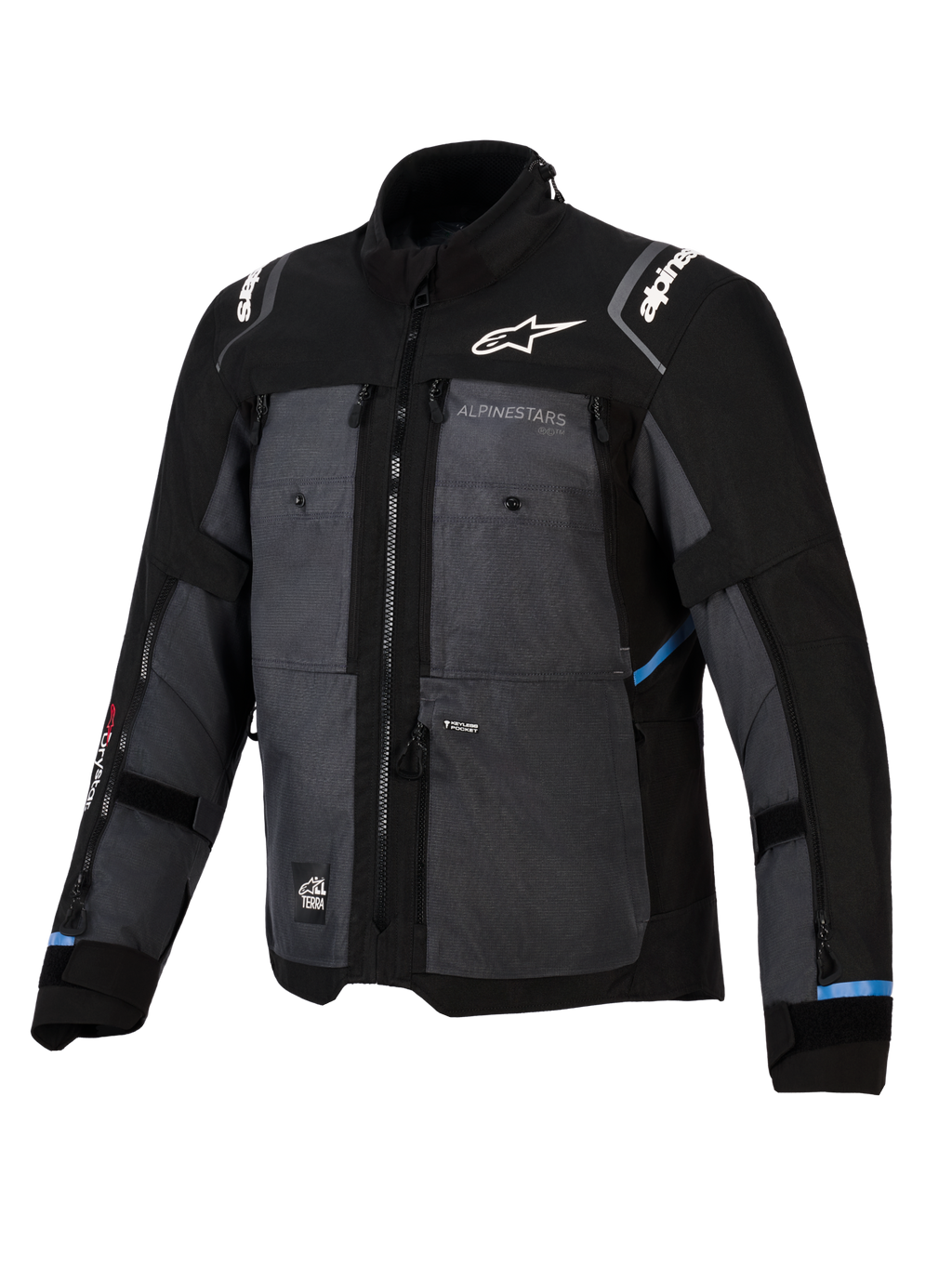 Alpinestars Cusco Drystar® Jacke, Adventure-Tourenjacke, Schwarz und Deep Gray, mit Ripstop-Textileinsätzen, weißem Alpinestars-Branding auf Brust und Schultern, mehreren Belüftungsreißverschlüssen und hellblauen Akzenten.