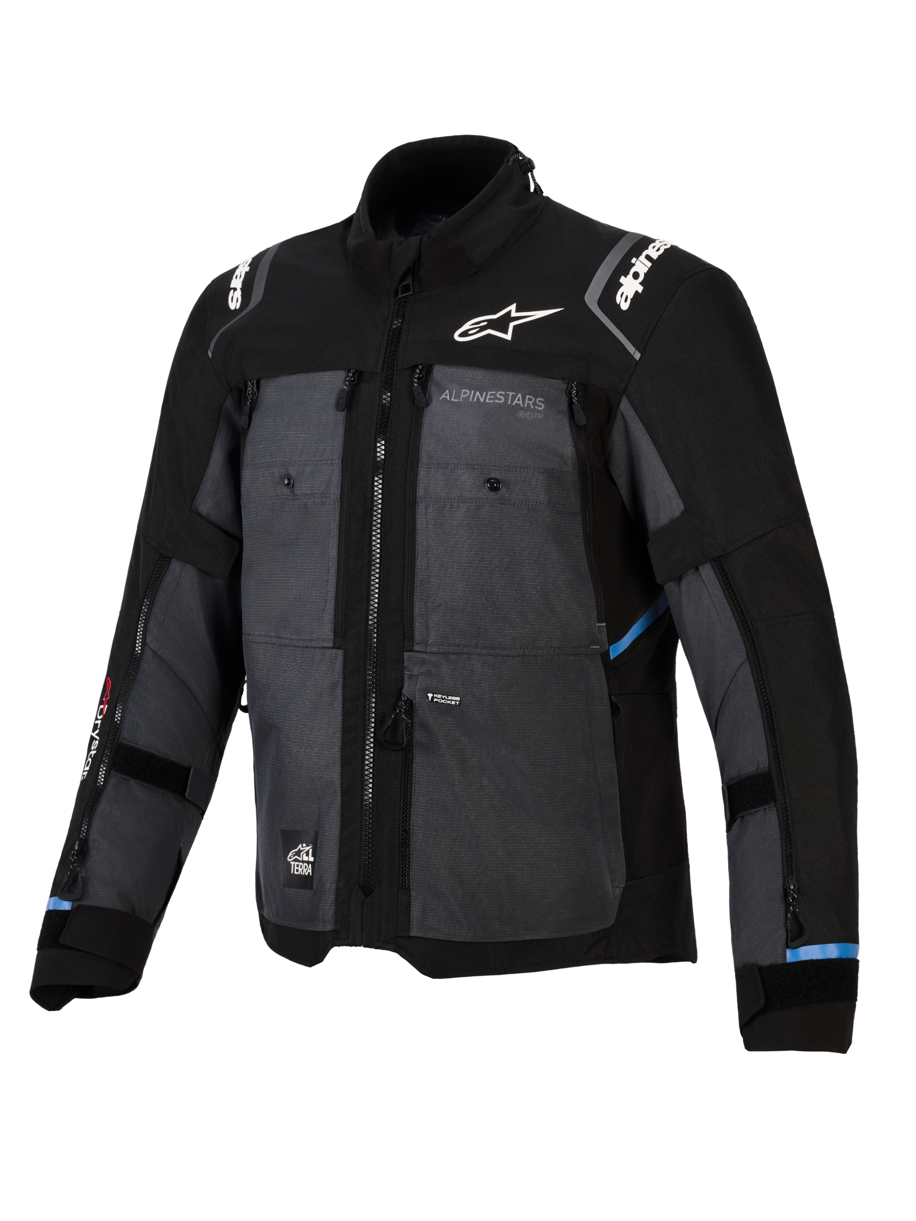 Alpinestars Cusco Drystar® Jacke, Adventure-Tourenjacke, Schwarz und Deep Gray, mit Ripstop-Textileinsätzen, weißem Alpinestars-Branding auf Brust und Schultern, mehreren Belüftungsreißverschlüssen und hellblauen Akzenten.
