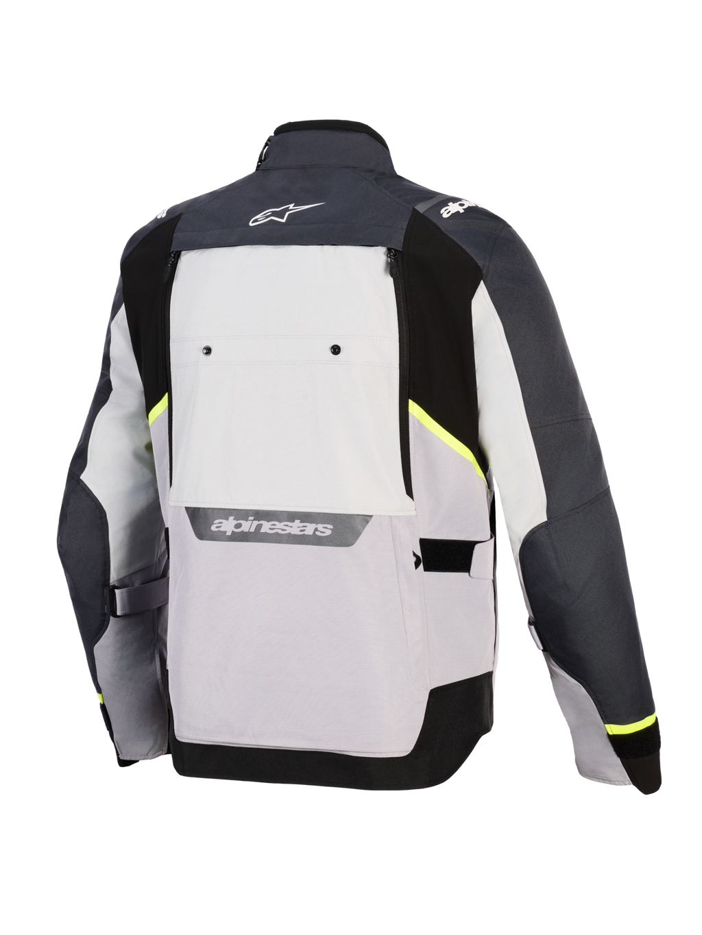 Alpinestars Cusco Drystar® Jacke, Motorradjacke, Eisgrau, Mittelgrau und Dunkelgrau, Rückansicht mit mehrfarbigen Textilpaneelen, neongelben Akzenten, großem Belüftungspanel am Rücken und weißem Alpinestars-Branding am Kragen und im unteren Rückenbereich