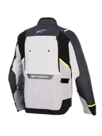 Alpinestars Cusco Drystar® Jacke, Motorradjacke, Eisgrau, Mittelgrau und Dunkelgrau, Rückansicht mit mehrfarbigen Textilpaneelen, neongelben Akzenten, großem Belüftungspanel am Rücken und weißem Alpinestars-Branding am Kragen und im unteren Rückenbereich