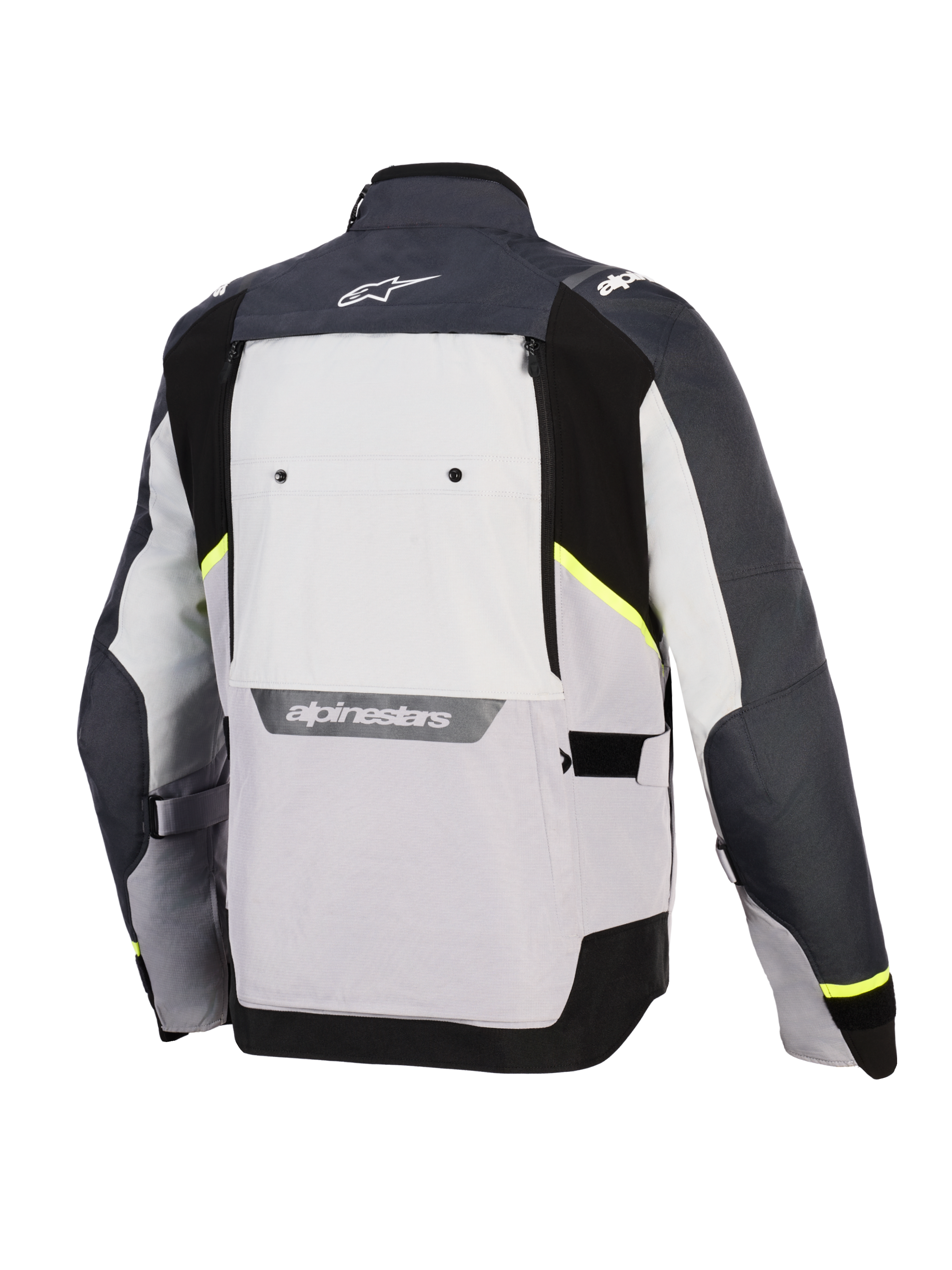 Alpinestars Cusco Drystar® Jacke, Motorradjacke, Eisgrau, Mittelgrau und Dunkelgrau, Rückansicht mit mehrfarbigen Textilpaneelen, neongelben Akzenten, großem Belüftungspanel am Rücken und weißem Alpinestars-Branding am Kragen und im unteren Rückenbereich