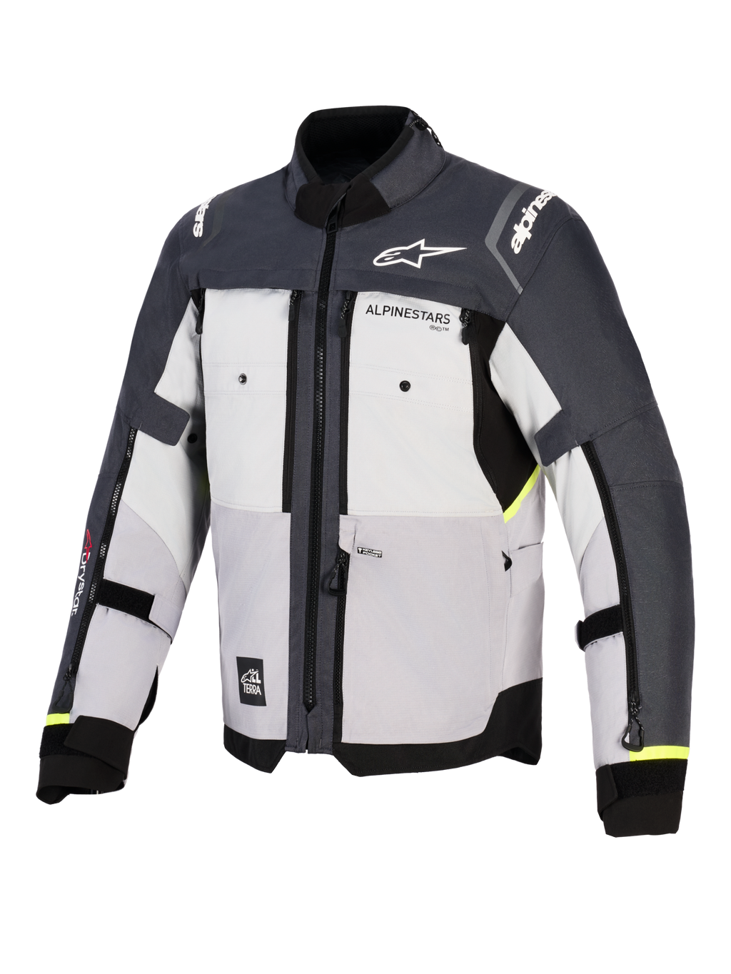 Alpinestars Cusco Drystar® Jacke, Motorrad-Adventure-Jacke, Ice Gray, Mid Gray und Deep Gray, Vorderansicht mit mehrteiliger Textilkonstruktion, Belüftungsöffnungen mit Reißverschluss an der Brust und Alpinestars-Branding auf Brust und Schultern