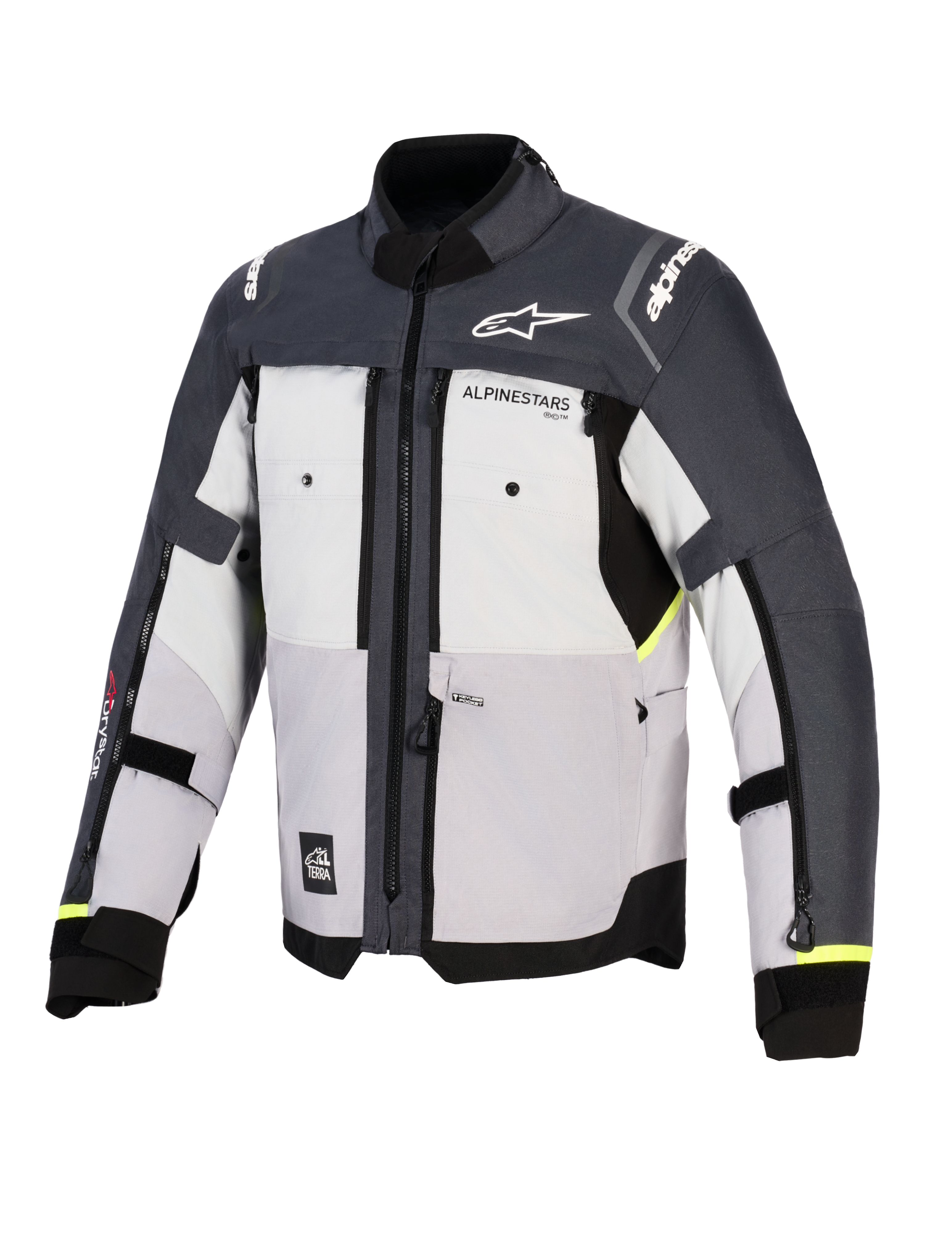 Alpinestars Cusco Drystar® Jacke, Motorrad-Adventure-Jacke, Ice Gray, Mid Gray und Deep Gray, Vorderansicht mit mehrteiliger Textilkonstruktion, Belüftungsöffnungen mit Reißverschluss an der Brust und Alpinestars-Branding auf Brust und Schultern