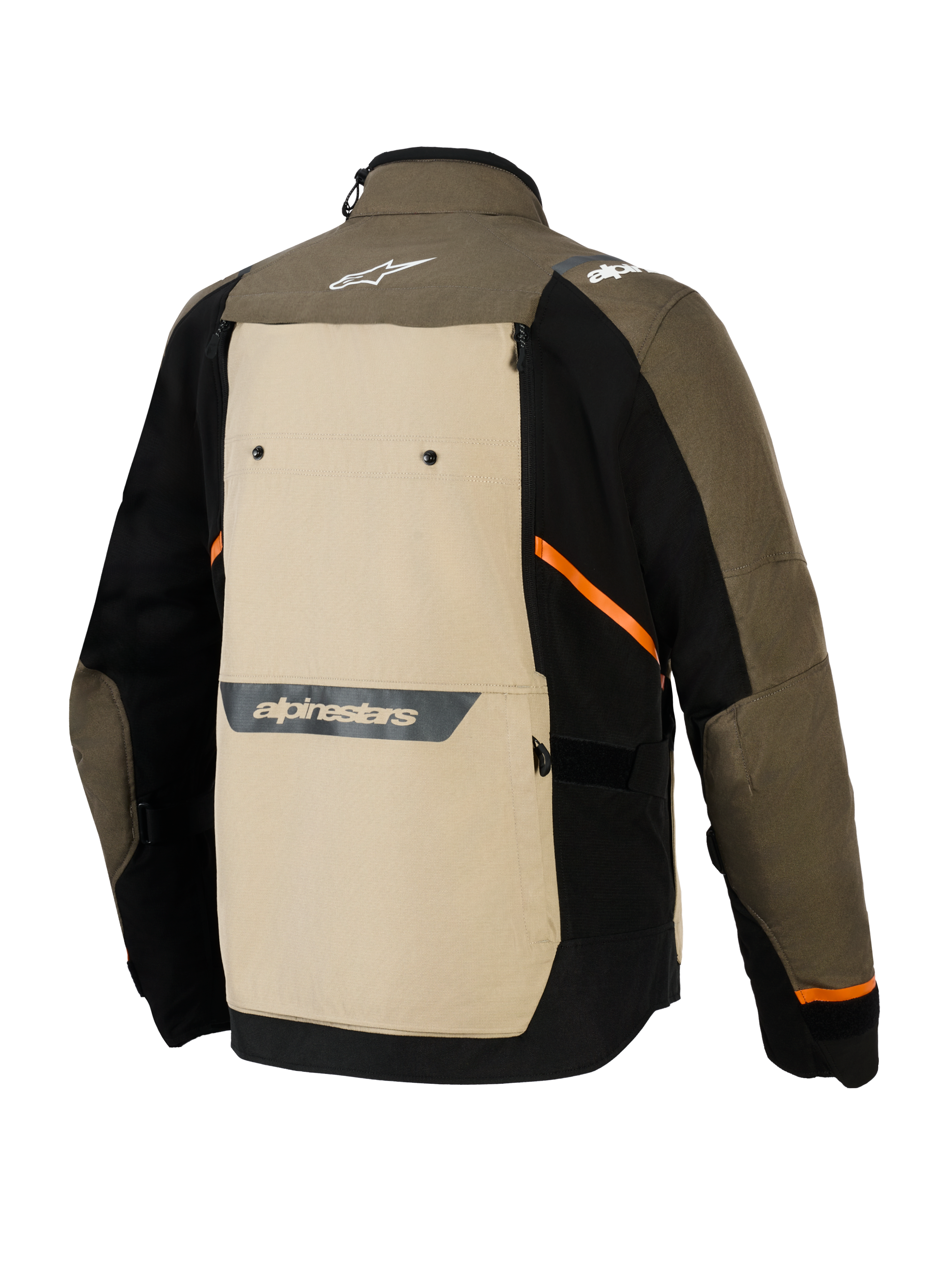Alpinestars Cusco Drystar® Jacke, Rückansicht, Walnut Aluminum Black, Textil-Adventure-Motorradjacke mit großem beigem Rückenteil, orangefarbenen diagonalen Akzenten und reflektierenden Logos auf einer braunen und schwarzen Außenseite.