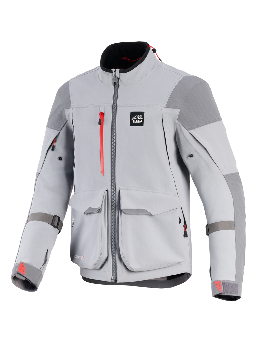 Alpinestars Maxdura Drystar®XF laminierte gepanzerte Shell-Jacke, Motorradjacke, Mittelgrau und Dunkelgrau, mit roten Reißverschluss-Akzenten und Logos an den Ärmelbündchen, große Cargo-Fronttaschen, verstärkte Schulter- und Ellbogenpartien, technisches Adventure-Design mit 'ALL TERRA' Logo auf der Brust