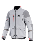 Alpinestars Maxdura Drystar®XF laminierte gepanzerte Shell-Jacke, Motorradjacke, Mittelgrau und Dunkelgrau, mit roten Reißverschluss-Akzenten und Logos an den Ärmelbündchen, große Cargo-Fronttaschen, verstärkte Schulter- und Ellbogenpartien, technisches Adventure-Design mit 'ALL TERRA' Logo auf der Brust