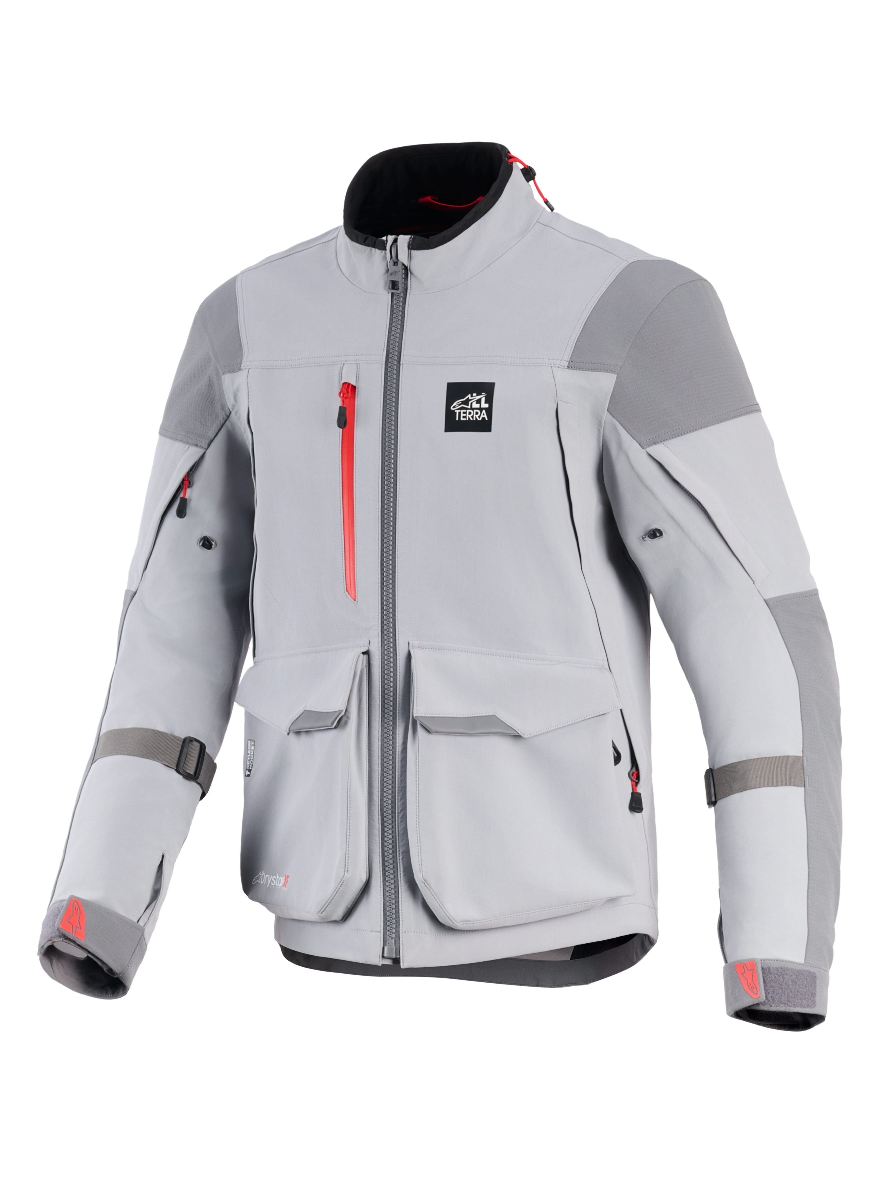 Alpinestars Maxdura Drystar®XF laminierte gepanzerte Shell-Jacke, Motorradjacke, Mittelgrau und Dunkelgrau, mit roten Reißverschluss-Akzenten und Logos an den Ärmelbündchen, große Cargo-Fronttaschen, verstärkte Schulter- und Ellbogenpartien, technisches Adventure-Design mit 'ALL TERRA' Logo auf der Brust