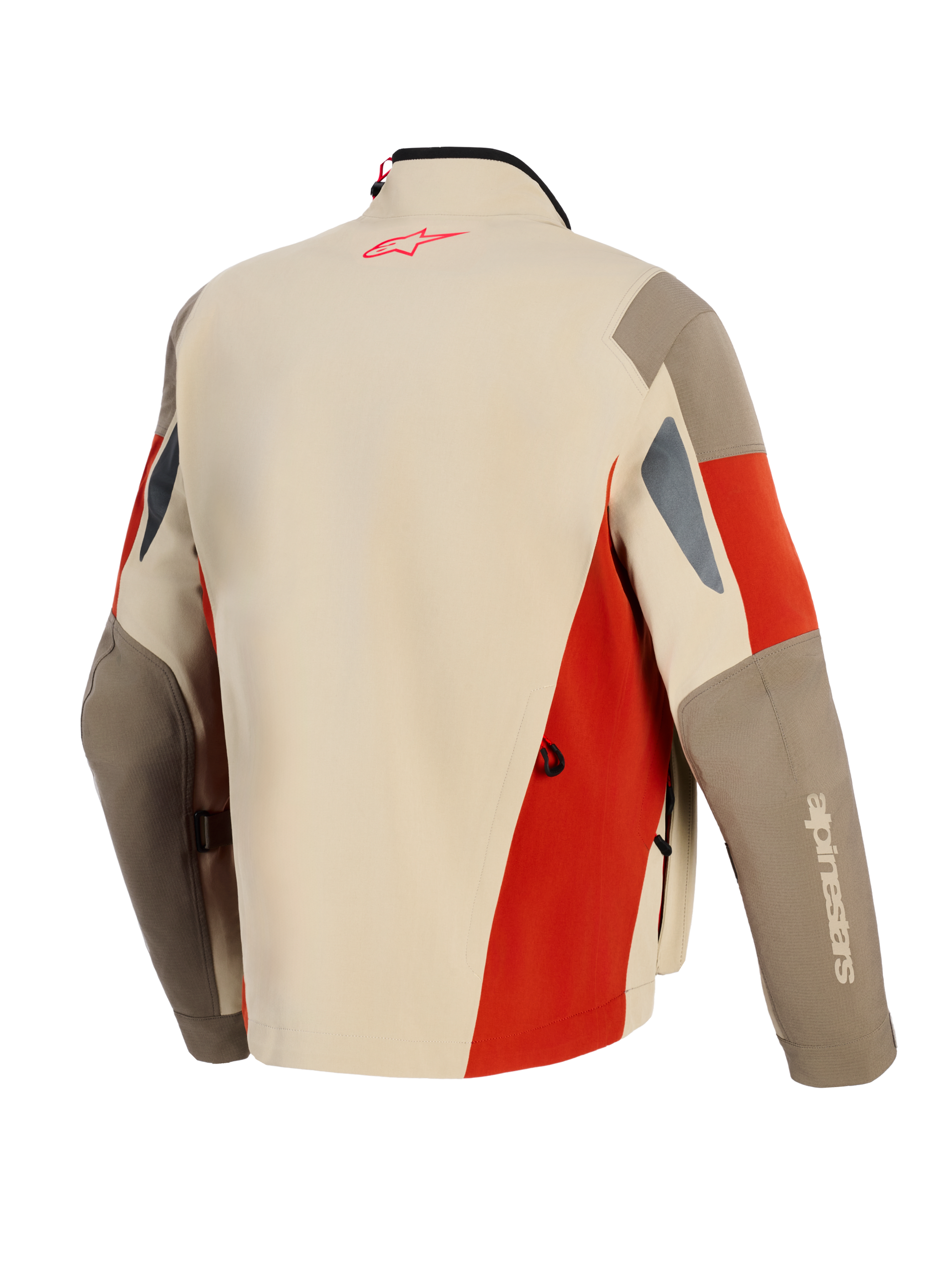 Alpinestars Maxdura Drystar®XF laminierte gepanzerte Schale, Adventure-Motorradjacke, Aluminum Walnut und Rostbraun, Rückansicht mit rotem Logo im Nacken, technisches Multi-Panel-Design mit Belüftungsschlitzen und strapazierfähiger Textilkonstruktion.