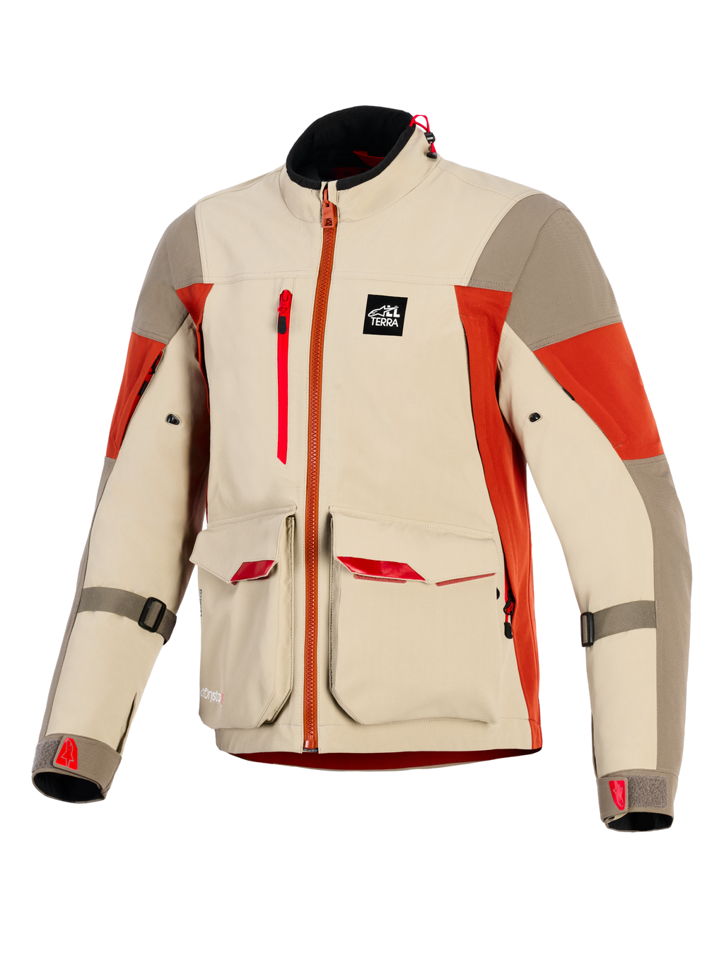Alpinestars Maxdura Drystar®XF Laminierte Gepanzerte Schale, Adventure-Motorradjacke, Aluminium, Walnuss und Rostbraun, mit großen vorderen Cargo-Taschen mit roten Akzenten, vertikalem Brustreißverschluss, All Terra Marken-Patch und technischer 3-lagiger Laminatkonstruktion.