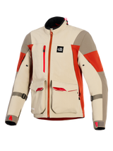 Alpinestars Maxdura Drystar®XF Laminierte Gepanzerte Schale, Adventure-Motorradjacke, Aluminium, Walnuss und Rostbraun, mit großen vorderen Cargo-Taschen mit roten Akzenten, vertikalem Brustreißverschluss, All Terra Marken-Patch und technischer 3-lagiger Laminatkonstruktion.