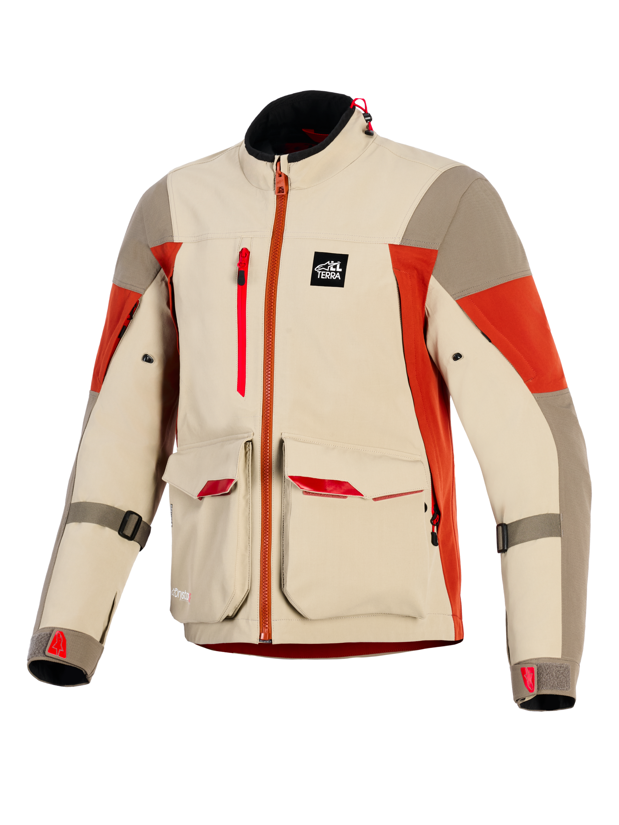 Alpinestars Maxdura Drystar®XF Laminierte Gepanzerte Schale, Adventure-Motorradjacke, Aluminium, Walnuss und Rostbraun, mit großen vorderen Cargo-Taschen mit roten Akzenten, vertikalem Brustreißverschluss, All Terra Marken-Patch und technischer 3-lagiger Laminatkonstruktion.