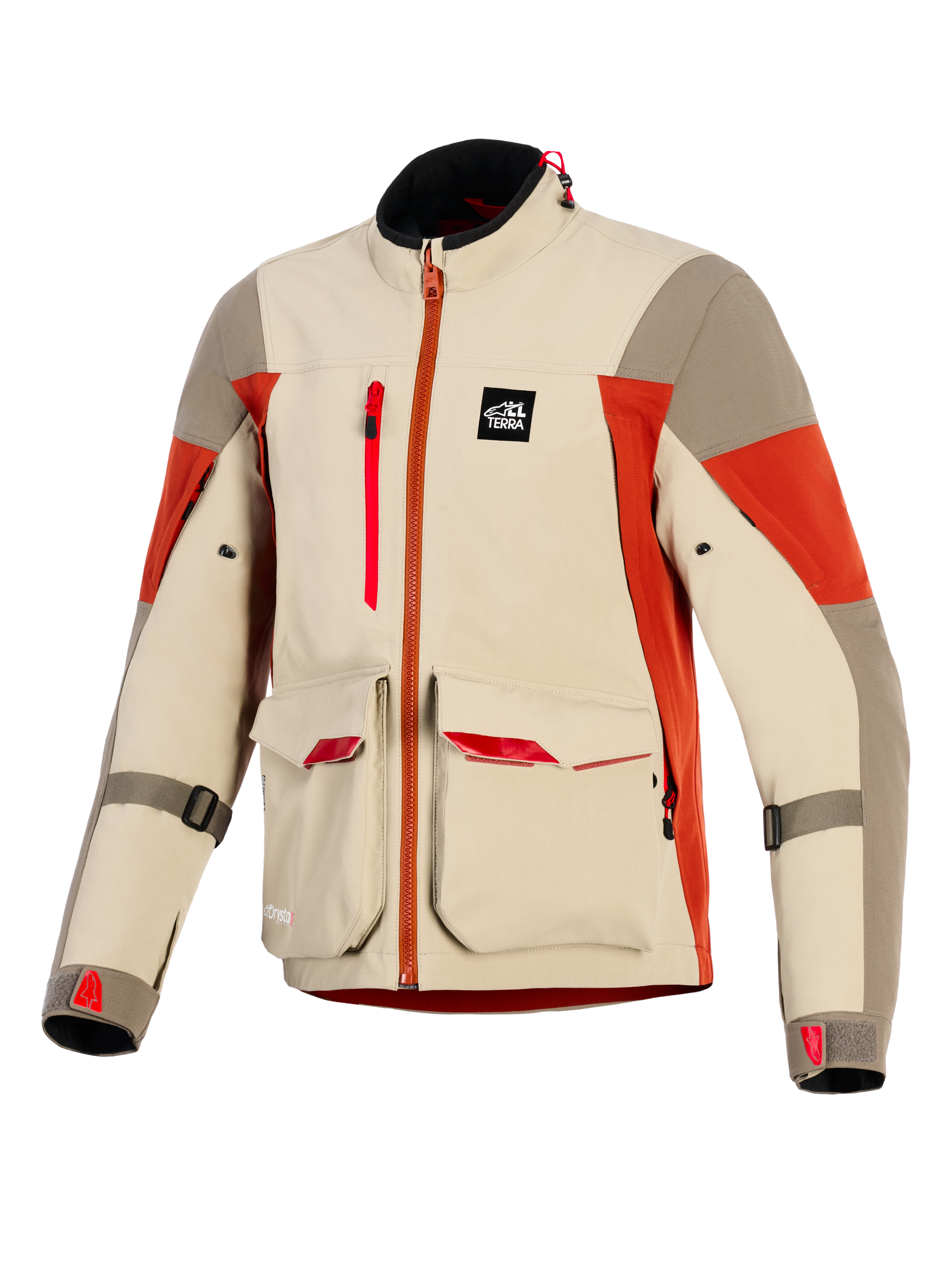 Alpinestars Maxdura Drystar®XF Laminierte Gepanzerte Schale, Adventure-Motorradjacke, Aluminium, Walnuss und Rostbraun, mit großen vorderen Cargo-Taschen mit roten Akzenten, vertikalem Brustreißverschluss, All Terra Marken-Patch und technischer 3-lagiger Laminatkonstruktion.