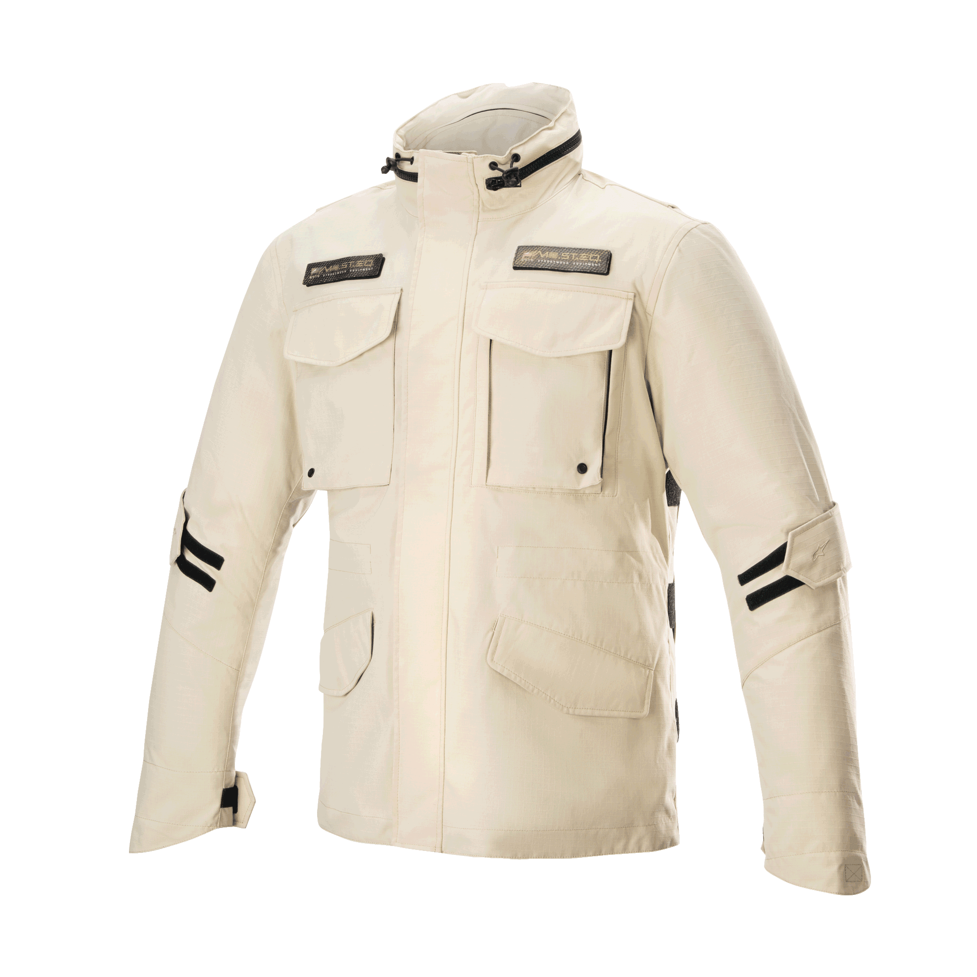 Alpinestars MO.ST.EQ Field Waterproof Primaloft Jacket, Sand Military, urban motorcycle jacket featuring four front flap pockets, high collar, and black adjustable straps on sleeves, contemporary streetwear design with waterproof ripstop construction