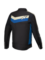 Alpinestars T-Dyno Water Resistant Jacket, men's textile motorcycle riding jacket, black with blue and ecru accents, rear view showing stretch panels and back logo graphic