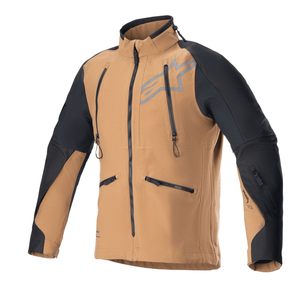 Alpinestars Hyde XT Drystar XF Jacket, Motorcycle Adventure Touring Jacket, Sand and Black, featuring vertical chest ventilation zippers and side pockets, black ripstop panels on shoulders and arms, high collar, waterproof textile construction for off-road riding