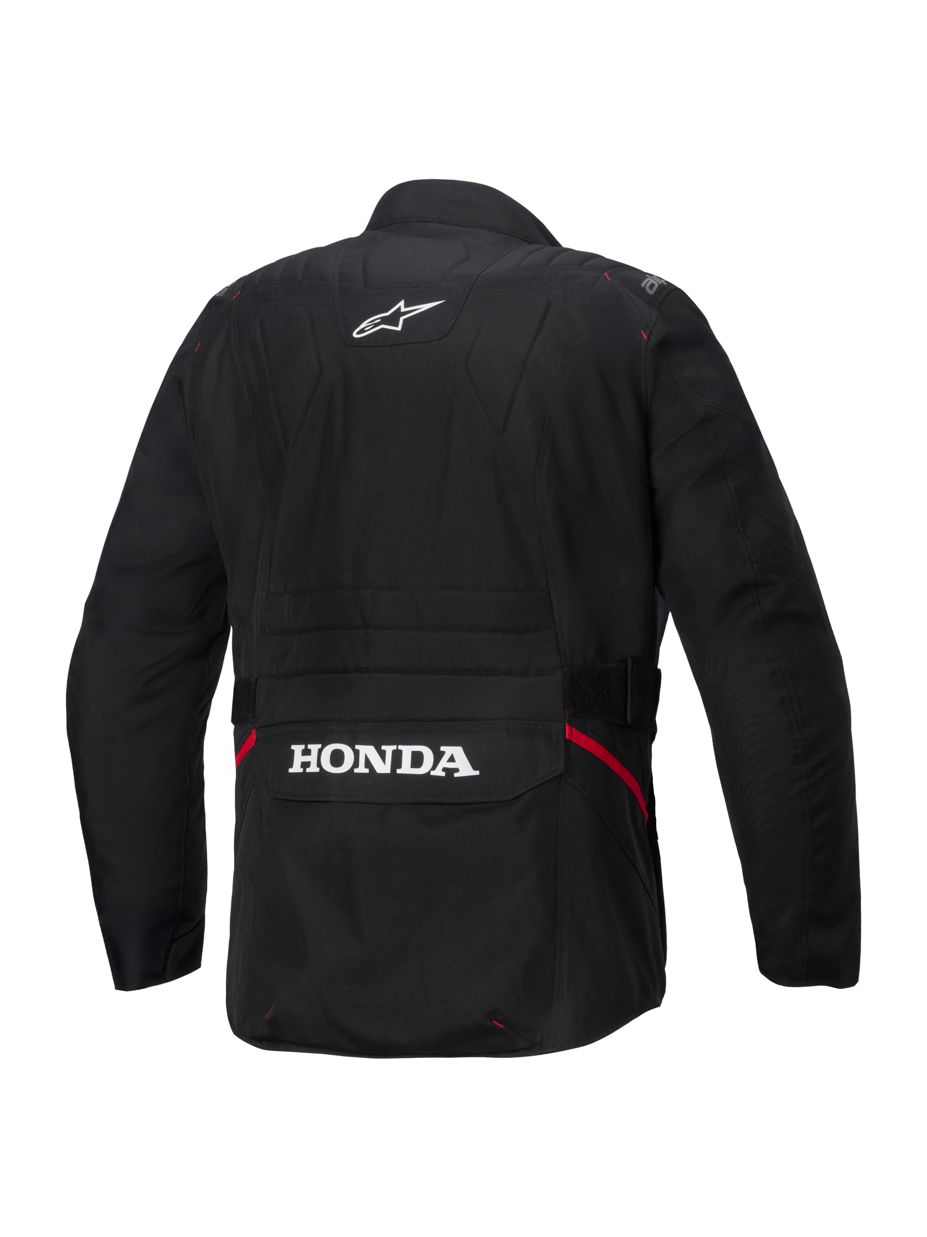 Alpinestars Honda ST-1 wasserdichte Jacke, Rückansicht, schwarzes Textil, mit weißem Alpinestars-Sternlogo auf dem oberen Rücken und Honda-Branding auf der hinteren Cargotasche, rote Akzente an den Seiten, strapazierfähige Touring-Motorradjacke