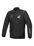 Alpinestars Honda ST-1 Wasserdichte Jacke, Motorrad-Tourenjacke, Schwarz mit roten Akzenten, Honda und Alpinestars Logos, Hoher Kragen, Gepolsterte Schultern und Ellbogen, Reißverschluss, Fronttaschen