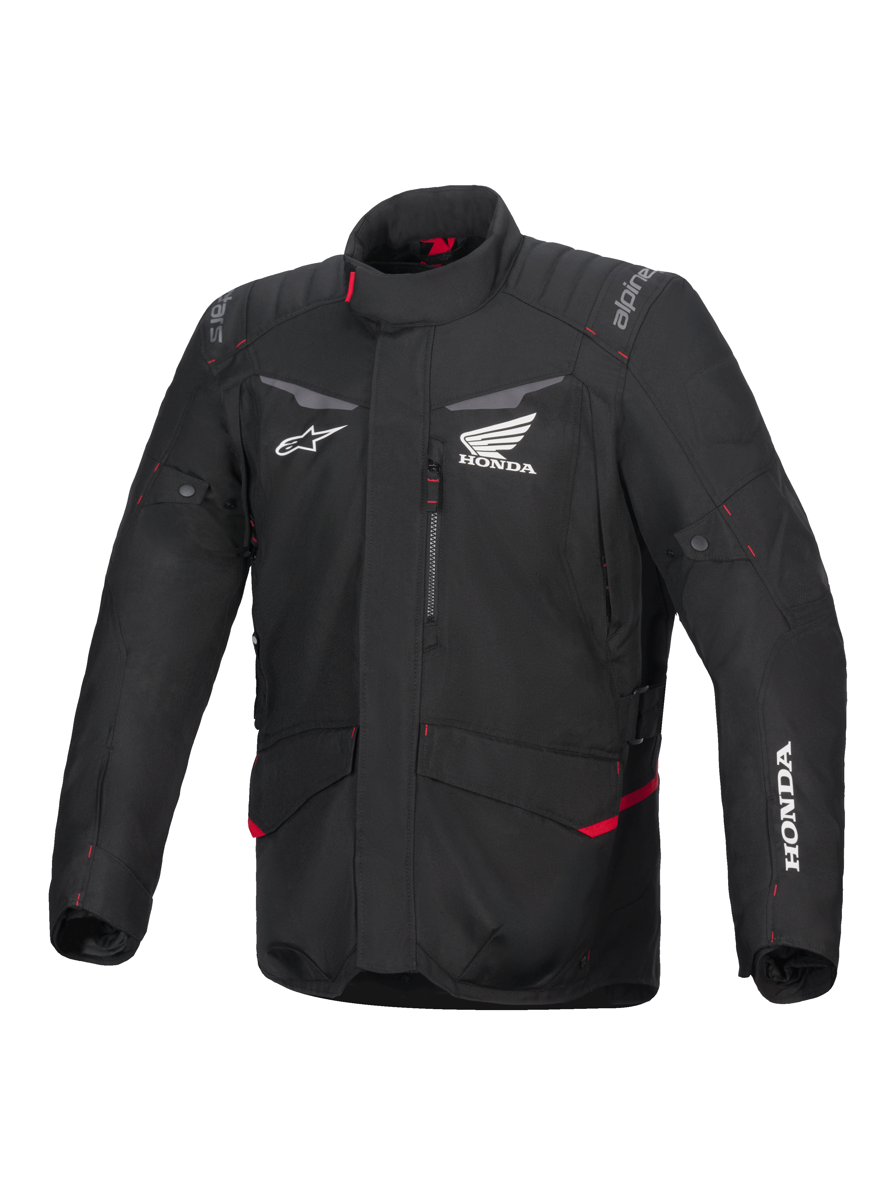 Alpinestars Honda ST-1 Wasserdichte Jacke, Motorrad-Tourenjacke, Schwarz mit roten Akzenten, Honda und Alpinestars Logos, Hoher Kragen, Gepolsterte Schultern und Ellbogen, Reißverschluss, Fronttaschen