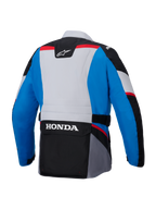 Alpinestars Honda ST-1 Wasserdichte Jacke, Rückansicht, Blau und Hellgrau mit schwarzen Einsätzen und roten Akzenten, großes weißes HONDA-Branding auf der Cargo-Tasche am unteren Rücken, Textiljacke im Adventure-Touring-Stil