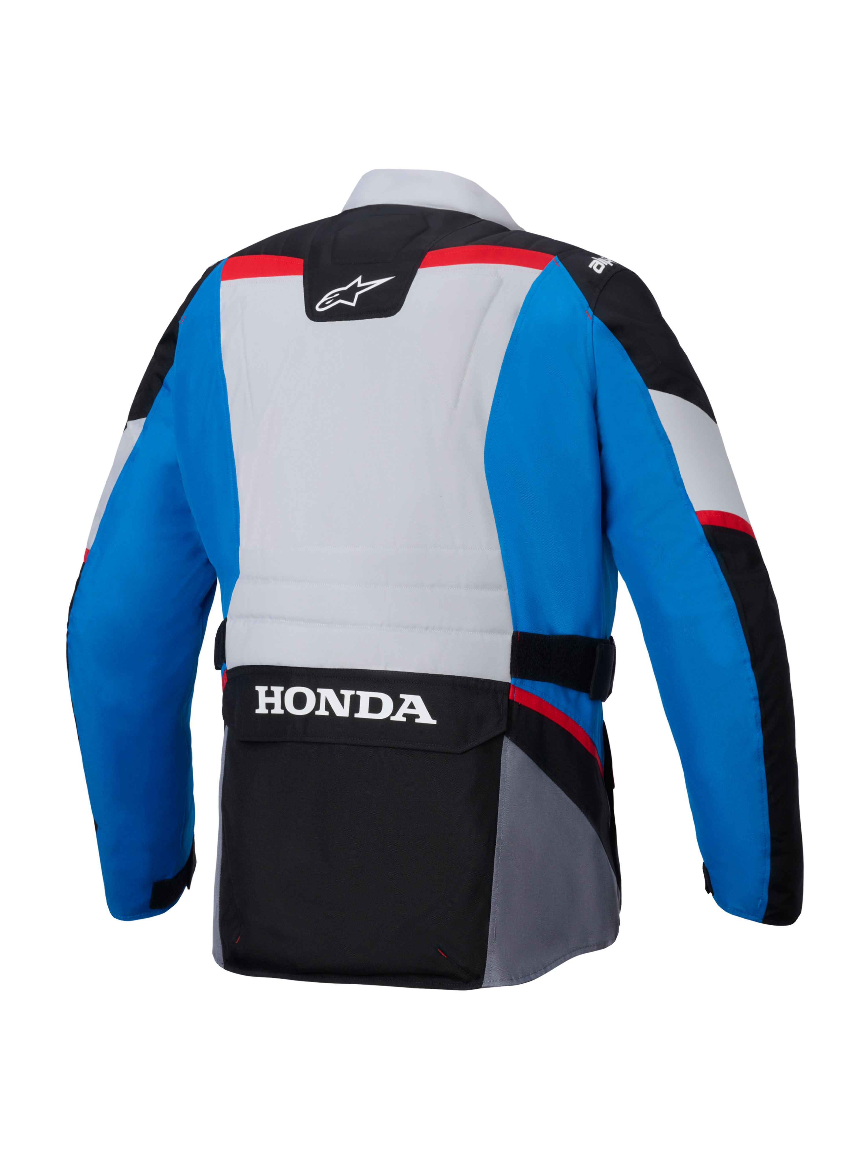 Alpinestars Honda ST-1 Wasserdichte Jacke, Rückansicht, Blau und Hellgrau mit schwarzen Einsätzen und roten Akzenten, großes weißes HONDA-Branding auf der Cargo-Tasche am unteren Rücken, Textiljacke im Adventure-Touring-Stil