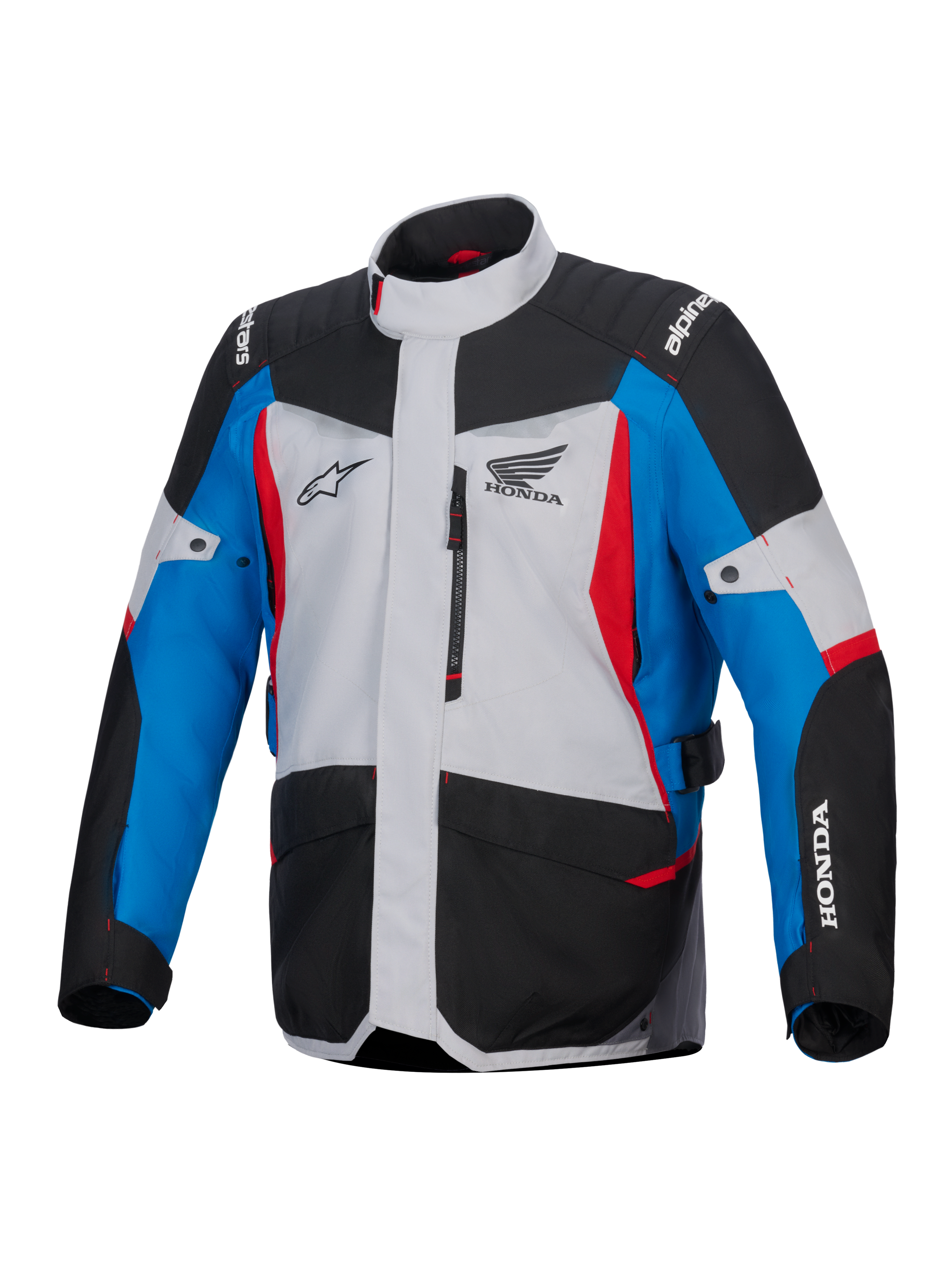 Alpinestars Honda ST-1 wasserdichte Jacke, Motorrad-Tourenjacke, Eisgrau, Schwarz und Blau mit roten Akzenten, Honda- und Alpinestars-Logos, Vorderansicht mit Reißverschluss-Brusttasche und Cargotaschen, wetterfestes Adventure-Touring-Design