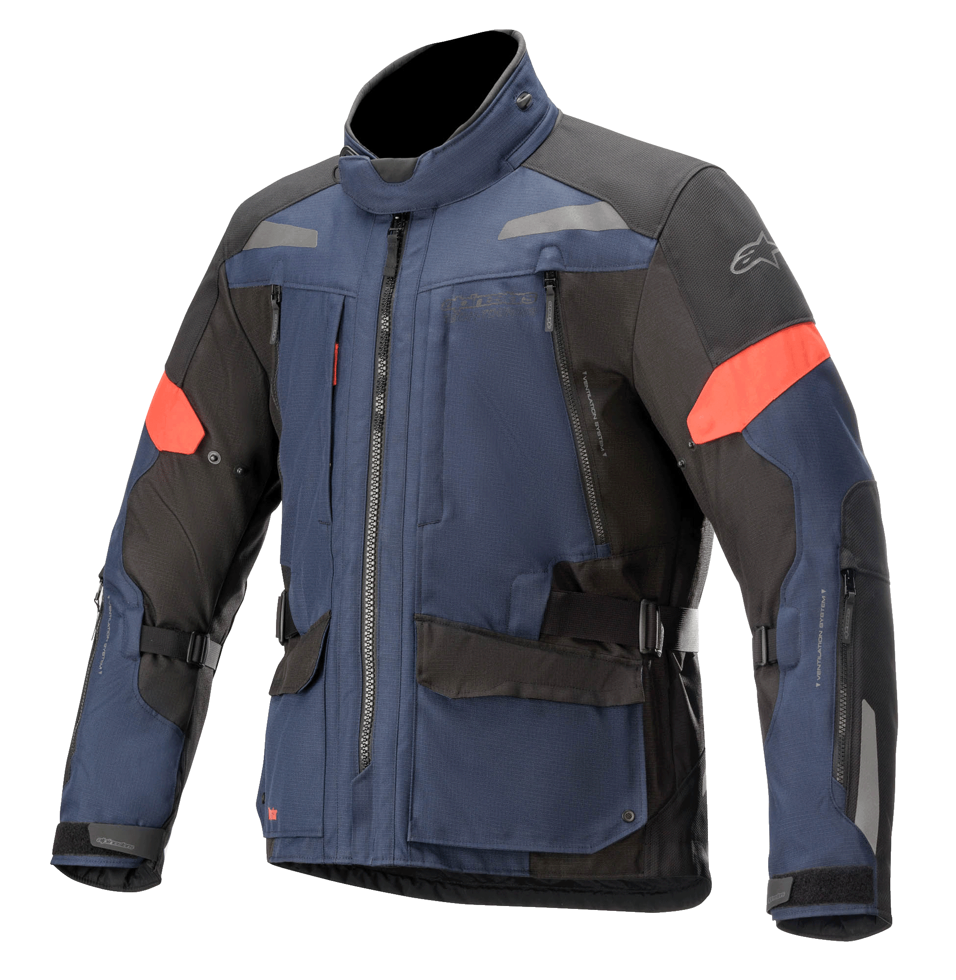 Alpinestars Valparaiso V3 Drystar Jacket, Motorcycle Touring Jacket, Dark Blue and Black with red accents, featuring reflective strips, multiple zippered cargo pockets, adjustable waist and sleeve straps, durable textile construction for adventure touring