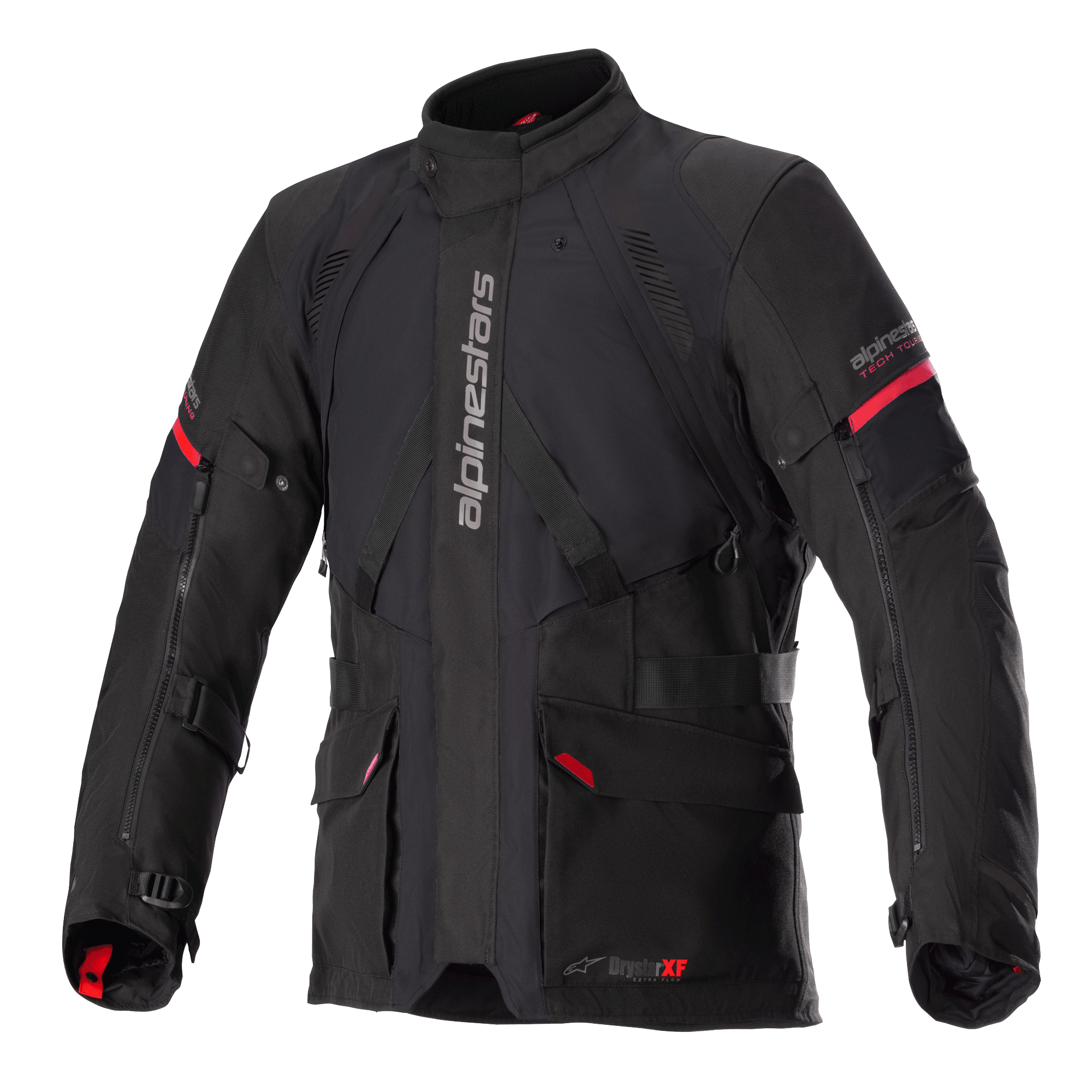 Alpinestars Monteira Drystar XF Jacke, Schwarz und Bright Red, Adventure-Touring-Motorradjacke, wasserdichte laminierte Konstruktion, mit mehreren praktischen Taschen und verstellbaren Riemen, strapazierfähiges Textil für Allwetterschutz