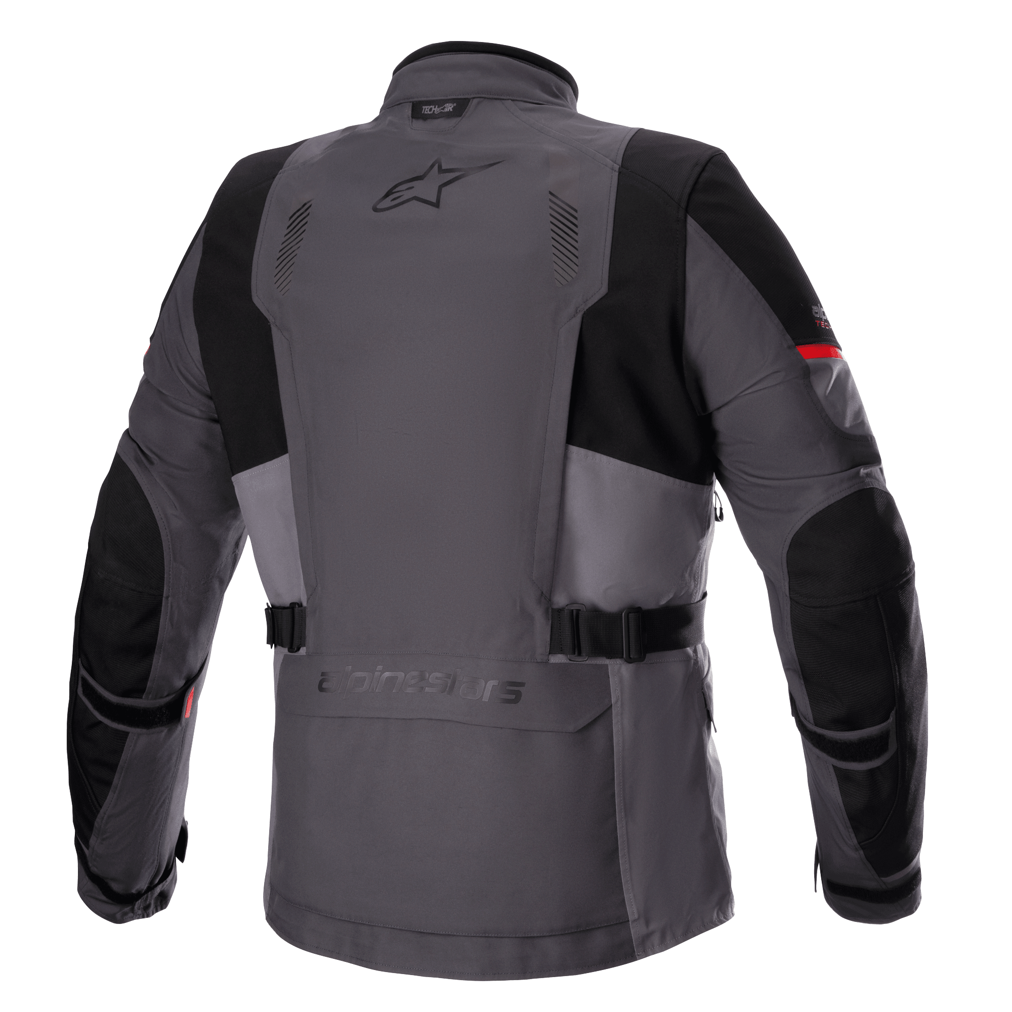 Alpinestars Monteira Drystar® XF Jacke, Adventure-Touring-Motorradjacke, Dunkelgrau und Teergrau mit leuchtend roten Akzenten, Rückansicht mit rückseitiger Utilitytasche, Taillengurten und verstärkten schwarzen Einsätzen an Schultern und Ellbogen, mit dem Astars-Logo auf dem oberen Rücken.