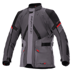 Alpinestars Monteira Drystar XF Jacke, Motorrad-Tourenjacke, Dunkelgrau und Teergrau mit schwarzen Einsätzen und leuchtend roten Akzenten, mit vorderen Cargo-Taschen, verstellbaren Taillen- und Armriemen, vertikalem Alpinestars-Schriftzug und hohem Kragen, entwickelt für Adventure-Fahrten