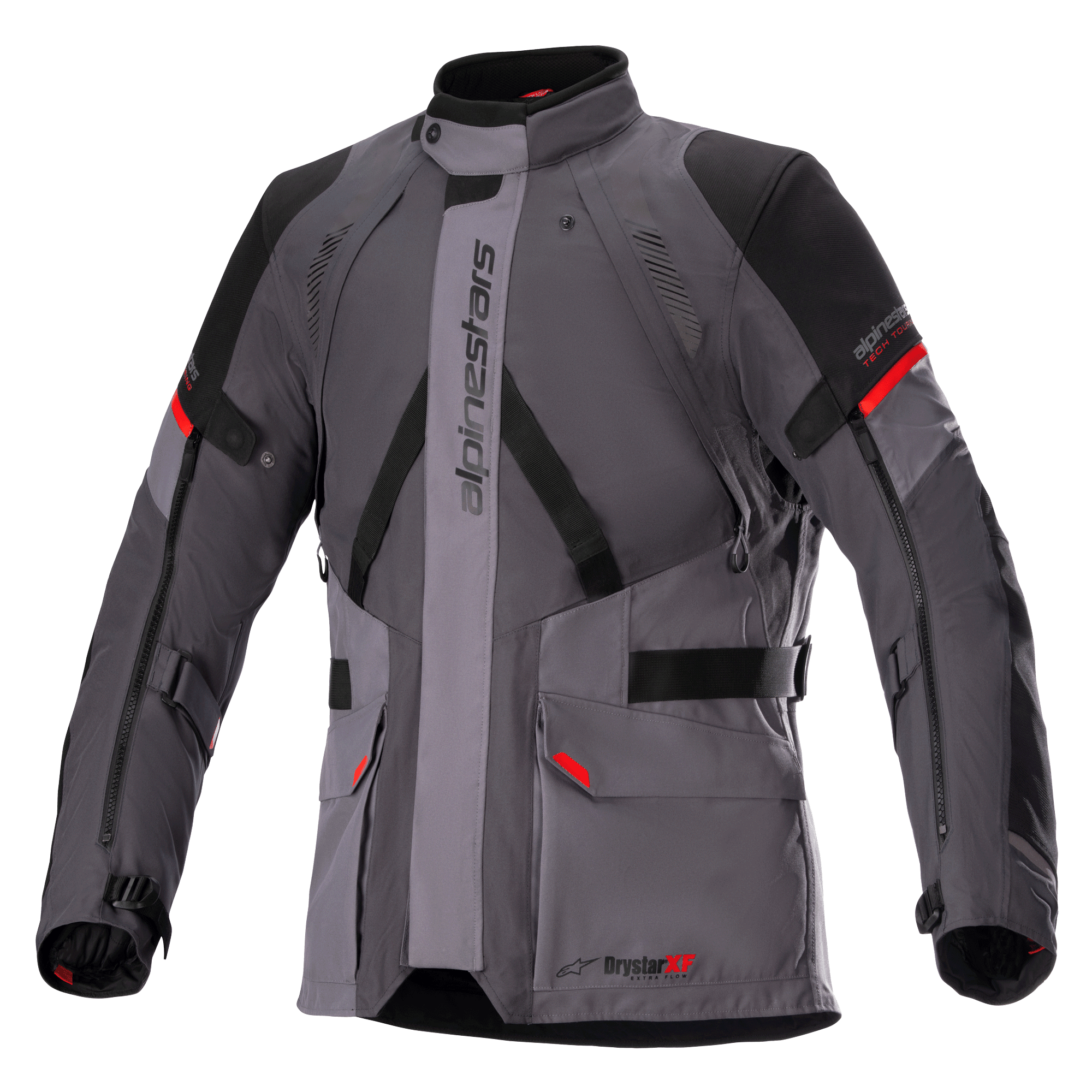 Alpinestars Monteira Drystar XF Jacket, Motorcycle Touring Jacket, Dark Gray and Tar Gray with Black panels and Bright Red accents, featuring front cargo pockets, adjustable waist and arm straps, vertical Alpinestars branding, and a high collar, designed for adventure riding