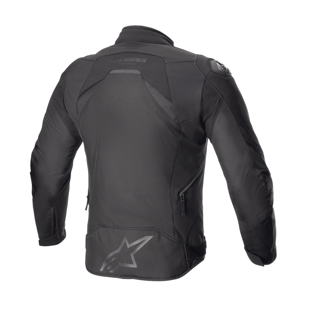 Alpinestars T-GP R V3 Drystar® Jacke, Motorrad-Sporttextiljacke, Schwarz, Rückansicht mit schlanker 3D-Sport-Silhouette, großem Stern-Logo auf dem unteren Rücken, Alpinestars-Wortmarke am Kragen und seitlichen Belüftungsreißverschlüssen.