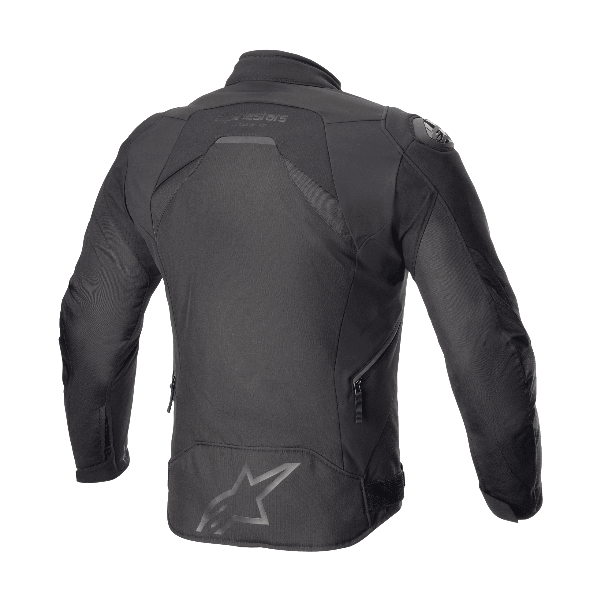 Alpinestars T-GP R V3 Drystar® Jacke, Motorrad-Sporttextiljacke, Schwarz, Rückansicht mit schlanker 3D-Sport-Silhouette, großem Stern-Logo auf dem unteren Rücken, Alpinestars-Wortmarke am Kragen und seitlichen Belüftungsreißverschlüssen.