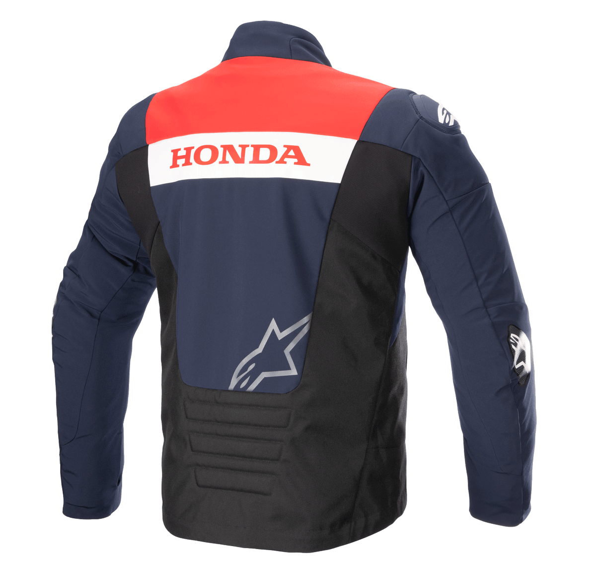 Rückansicht der Alpinestars Honda SMX wasserdichten Softshell-Jacke, Farbschema in Night Navy, Schwarz und leuchtendem Rot, mit 'HONDA'-Branding auf einem weißen Streifen und einem silbernen Alpinestars-Logo, entwickelt für das Motorradfahren auf der Straße
