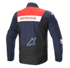 Rückansicht der Alpinestars Honda SMX wasserdichten Softshell-Jacke, Farbschema in Night Navy, Schwarz und leuchtendem Rot, mit 'HONDA'-Branding auf einem weißen Streifen und einem silbernen Alpinestars-Logo, entwickelt für das Motorradfahren auf der Straße