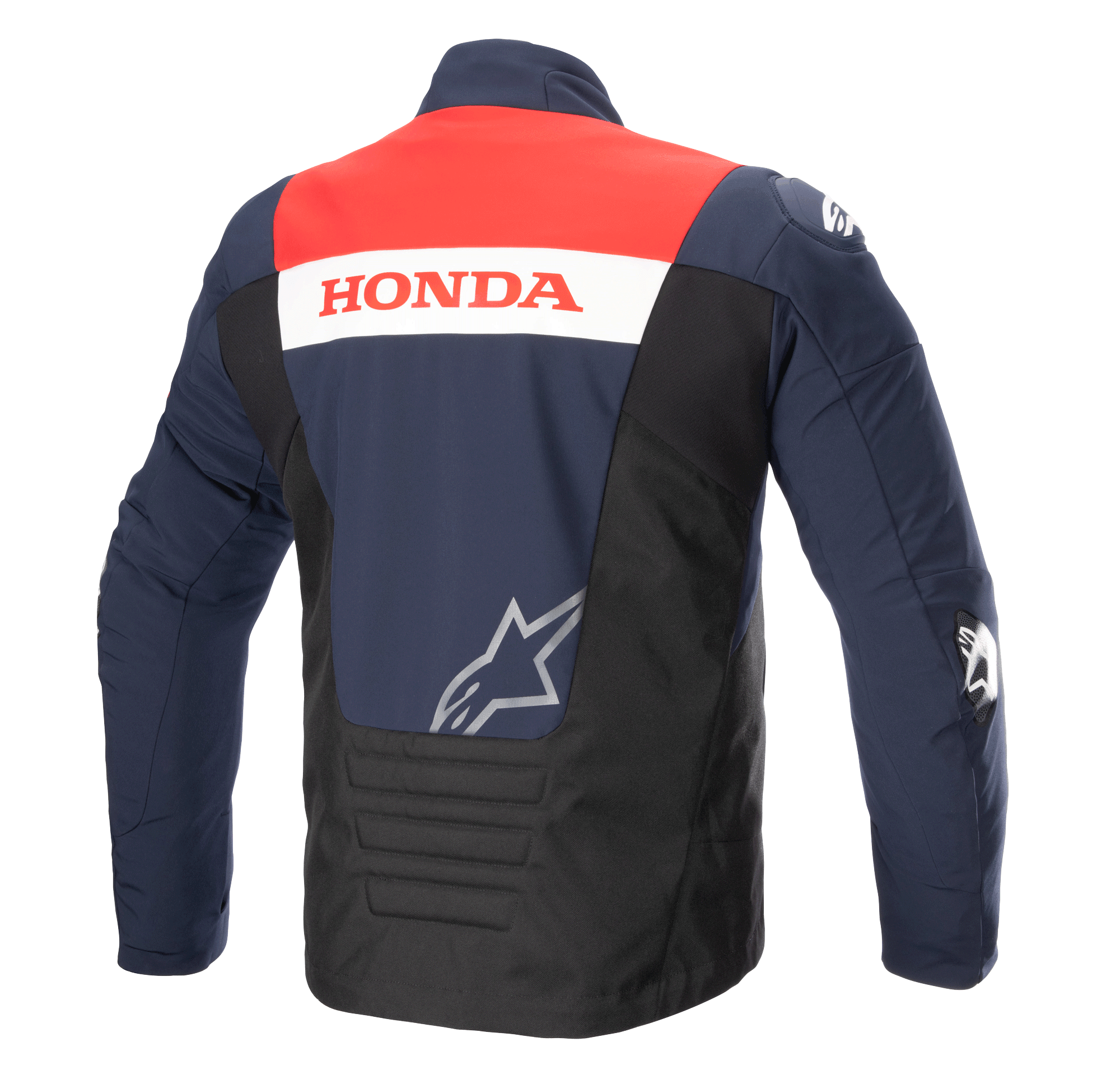 Rückansicht der Alpinestars Honda SMX wasserdichten Softshell-Jacke, Farbschema in Night Navy, Schwarz und leuchtendem Rot, mit 'HONDA'-Branding auf einem weißen Streifen und einem silbernen Alpinestars-Logo, entwickelt für das Motorradfahren auf der Straße