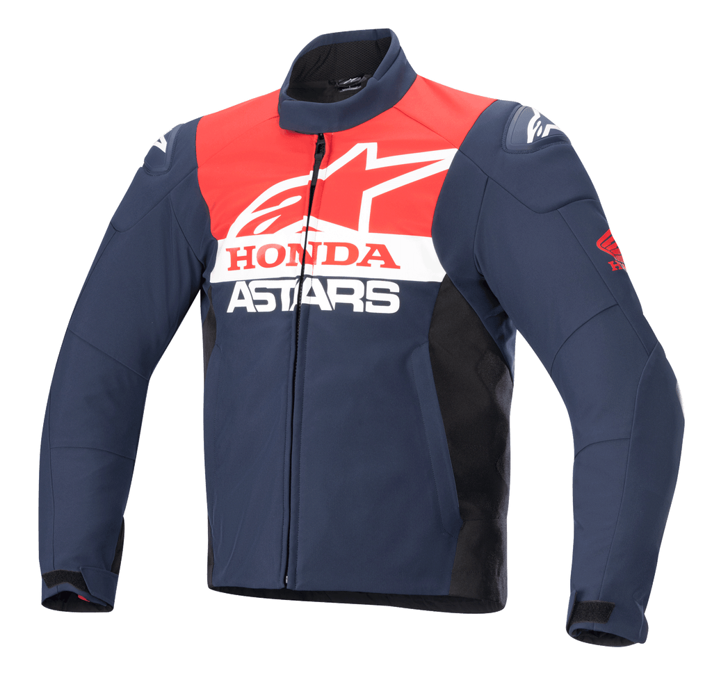Alpinestars Honda SMX Wasserdichte Softshell-Jacke, Motorradjacke, Night Navy, Schwarz und Hellrot, mit weißem Alpinestars- und Honda-Branding auf der Brust, hohem Kragen, Frontreißverschluss und glattem wasserabweisendem Textilmaterial