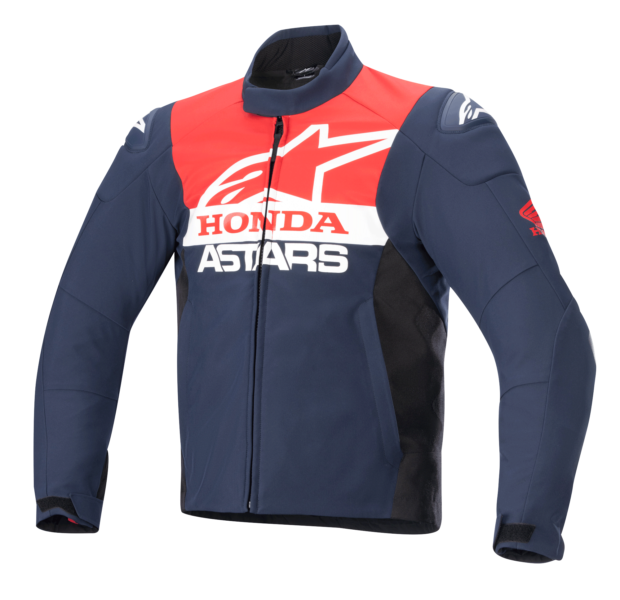 Alpinestars Honda SMX Wasserdichte Softshell-Jacke, Motorradjacke, Night Navy, Schwarz und Hellrot, mit weißem Alpinestars- und Honda-Branding auf der Brust, hohem Kragen, Frontreißverschluss und glattem wasserabweisendem Textilmaterial