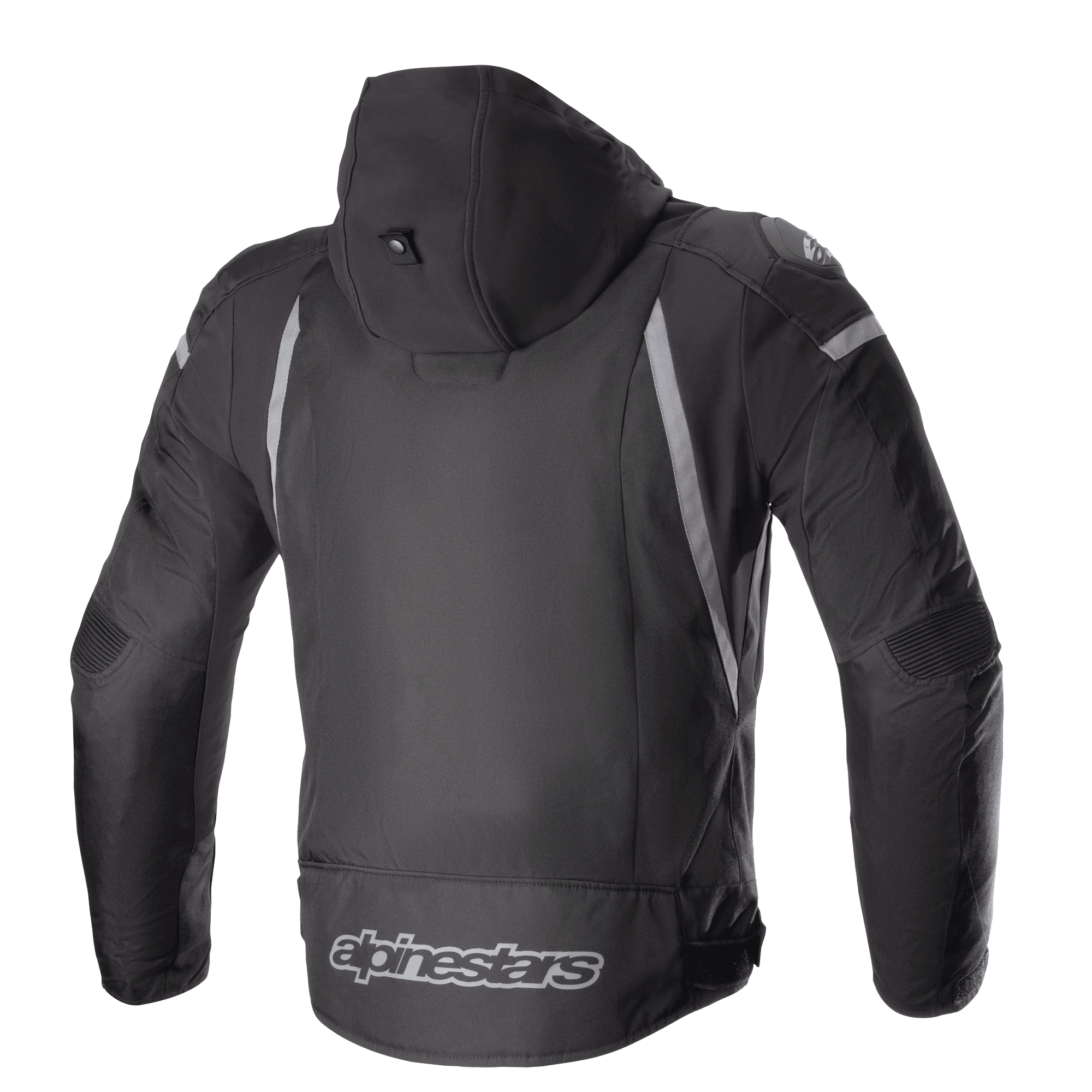Alpinestars Zaca Waterproof Jacke, Textil-Motorradsportjacke, Schwarz und Dunkelgrau, Rückansicht mit abnehmbarer Kapuze, grauen reflektierenden Akzenten und Alpinestars-Logo am unteren Rücken