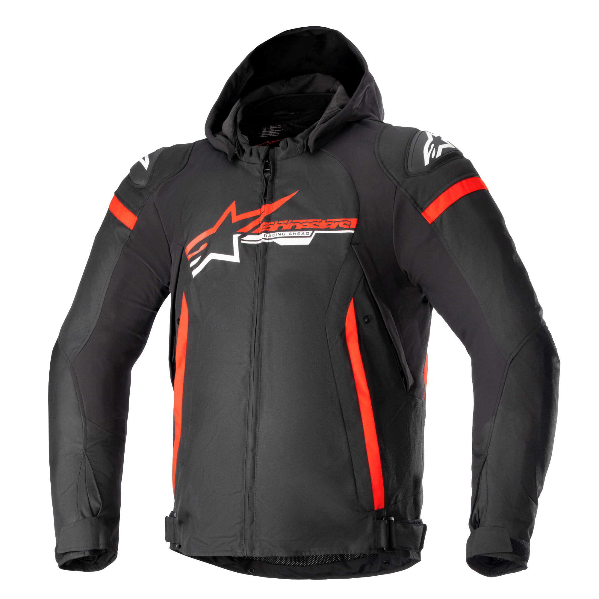 Alpinestars Zaca Waterproof Jacke, Schwarz mit leuchtend roten und weißen Akzenten, textile Motorradjacke mit Kapuze und Frontreißverschluss, vertikale rote Seitenstreifen, Alpinestars Stern-Logo auf der Brust, schützende Schulterprotektoren, Allwetter-Sportbekleidung