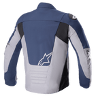 Alpinestars SMX Waterproof Jacket, Rear View, Night Navy and Dark Gray, featuring color-blocked panels in navy blue and light gray with black accents, white star logo on the lower back, and padded horizontal stitch detailing.