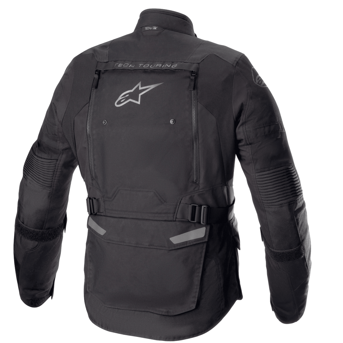 Alpinestars Bogotá Pro Drystar® Jacke, Rückansicht, Schwarz, Textil-Motorradjacke mit großem Belüftungspanel am Rücken, Alpinestars-Logo, 'TECH TOURING'-Schriftzug, verstellbare Taillengurte und Akkordeon-Stretcheinsätze an den Ellbogen.