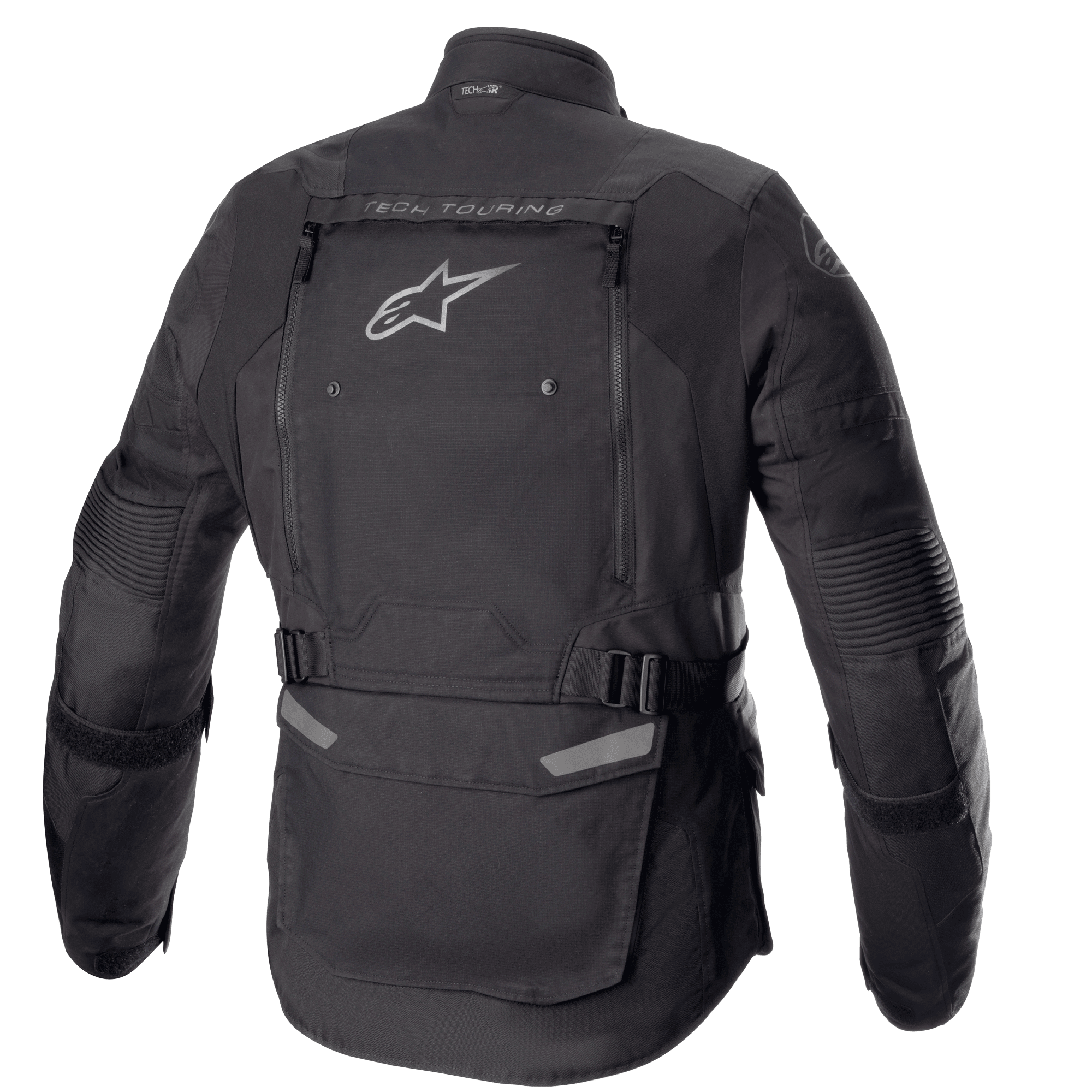 Alpinestars Bogotá Pro Drystar® Jacke, Rückansicht, Schwarz, Textil-Motorradjacke mit großem Belüftungspanel am Rücken, Alpinestars-Logo, 'TECH TOURING'-Schriftzug, verstellbare Taillengurte und Akkordeon-Stretcheinsätze an den Ellbogen.