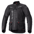Alpinestars Bogota Pro Drystar Jacke, komplett schwarze Motorrad-Tourenjacke, graue und rote Akzente, große Belüftungspaneele an der Brust, wasserdichte Taschen mit roten Zuglaschen, hoher Schutzkragen, strapazierfähige Textilkonstruktion für Adventure-Fahrten