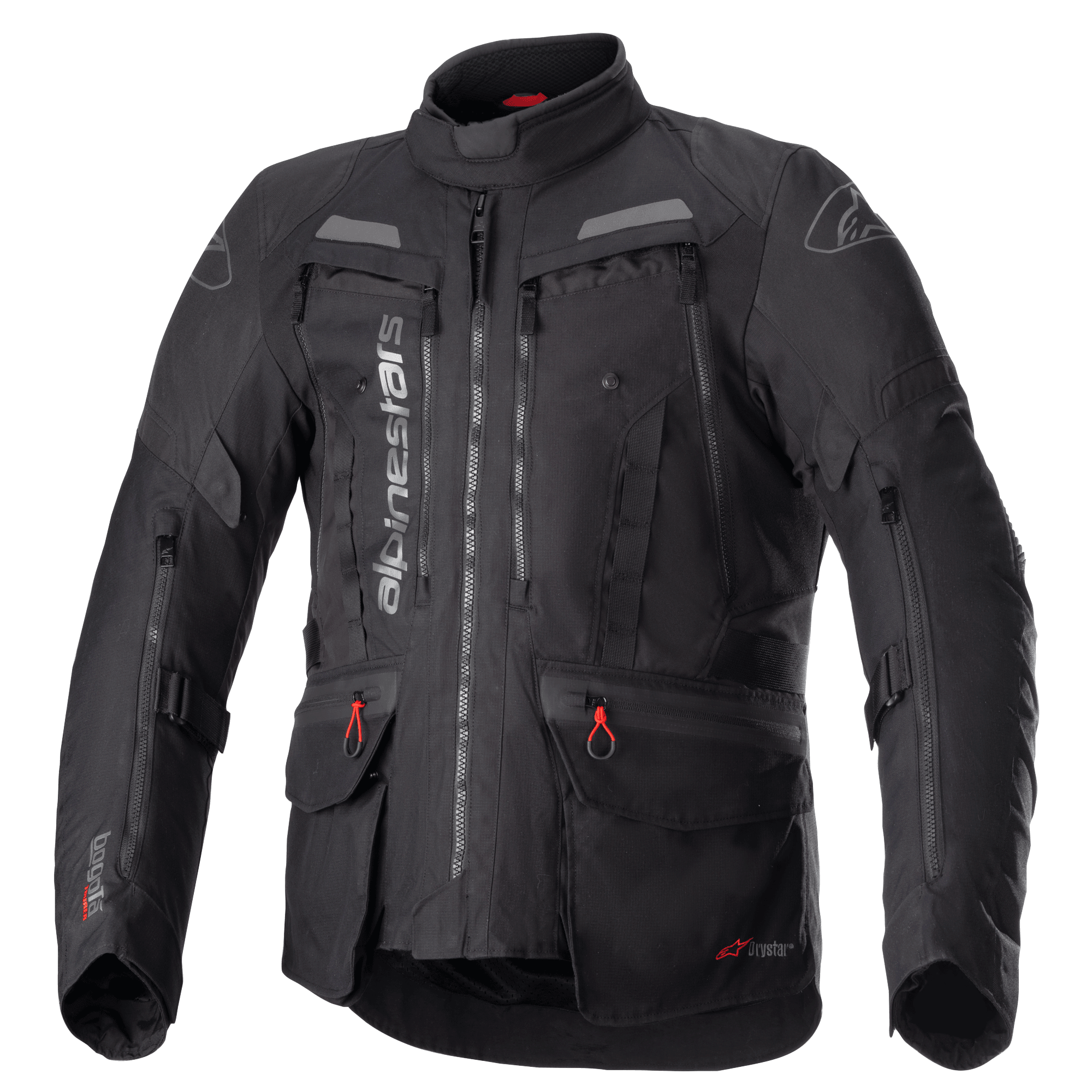 Alpinestars Bogota Pro Drystar Jacke, komplett schwarze Motorrad-Tourenjacke, graue und rote Akzente, große Belüftungspaneele an der Brust, wasserdichte Taschen mit roten Zuglaschen, hoher Schutzkragen, strapazierfähige Textilkonstruktion für Adventure-Fahrten