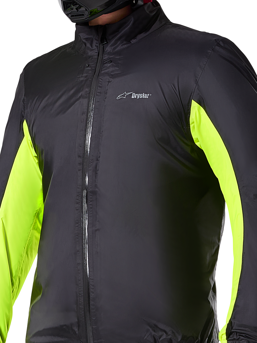 Alpinestars Bogotá Pro Drystar® Jacke wasserdichtes Innenfutter, technische Motorradschicht, Schwarz mit neongelben Einsätzen an den Armen, Frontreißverschluss und Drystar-Logo auf der Brust, entwickelt für Wetterschutz bei jeder Witterung