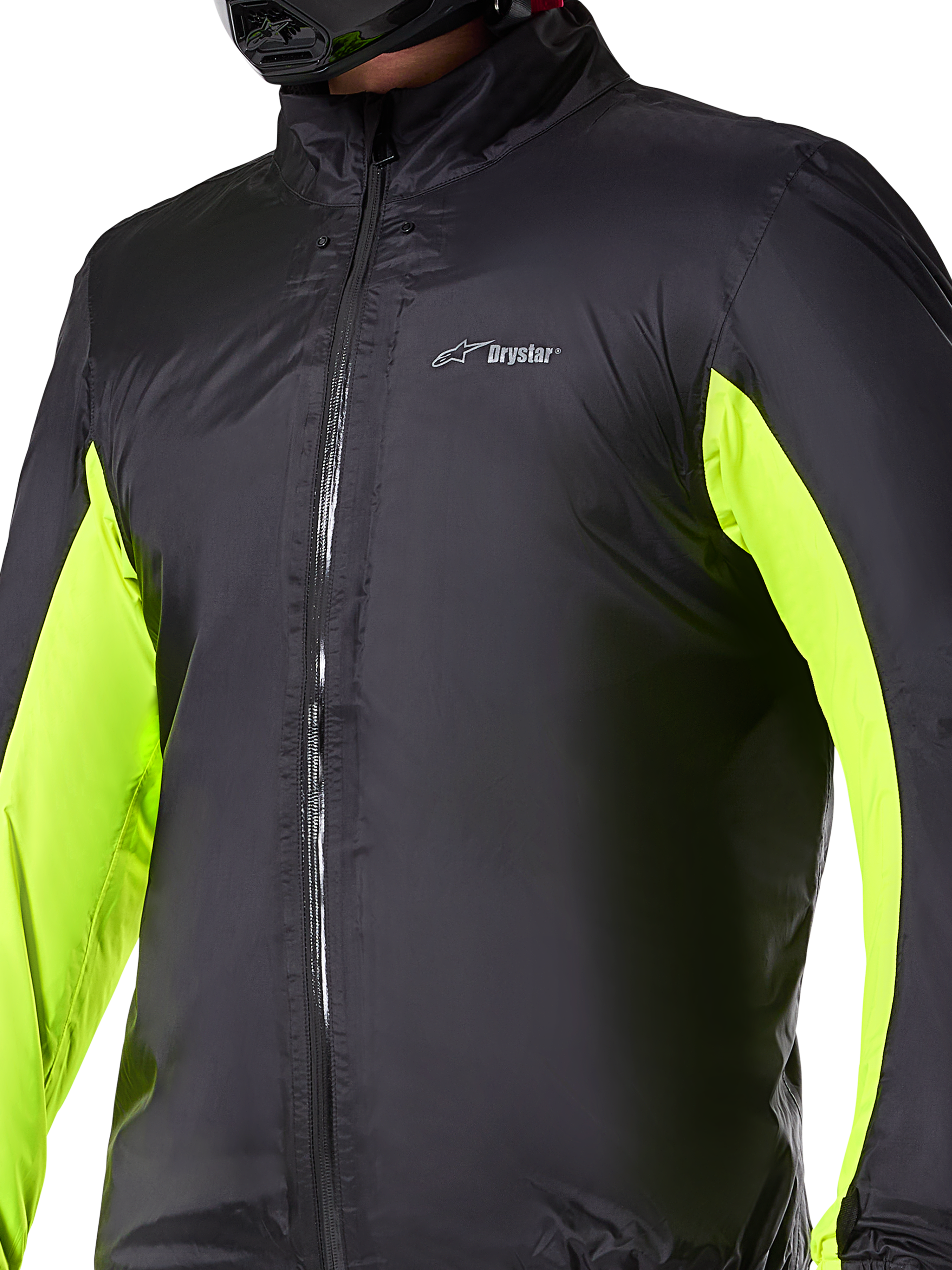 Alpinestars Bogotá Pro Drystar® Jacke wasserdichtes Innenfutter, technische Motorradschicht, Schwarz mit neongelben Einsätzen an den Armen, Frontreißverschluss und Drystar-Logo auf der Brust, entwickelt für Wetterschutz bei jeder Witterung