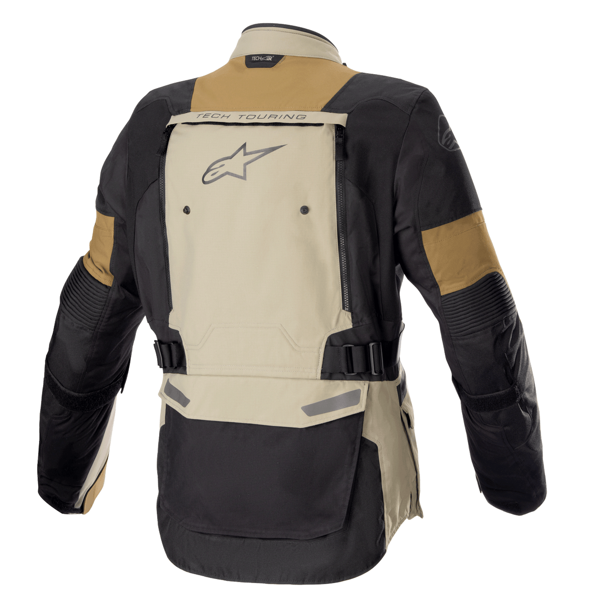 Alpinestars Bogota' Pro Drystar® Jacke, Adventure-Motorradjacke, Vetiver Military Olive und Schwarz, Rückansicht mit großem Belüftungspanel am Rücken, "TECH TOURING"-Branding und Alpinestars-Logo, verstellbare Taillengurte, strapazierfähige Textilkonstruktion für Ganzjahres-Touren.